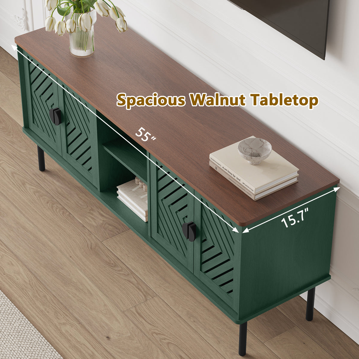 CBJCBJ Modern Mid Century 55" TV Stand for 65" TV, Entertainment Center with Storage and Openwork Cabinet Doors,Green