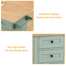 HLR 50.39" Kitchen Island with Storage, Wood Top Cart with Drop Leaf and Wheels, Green