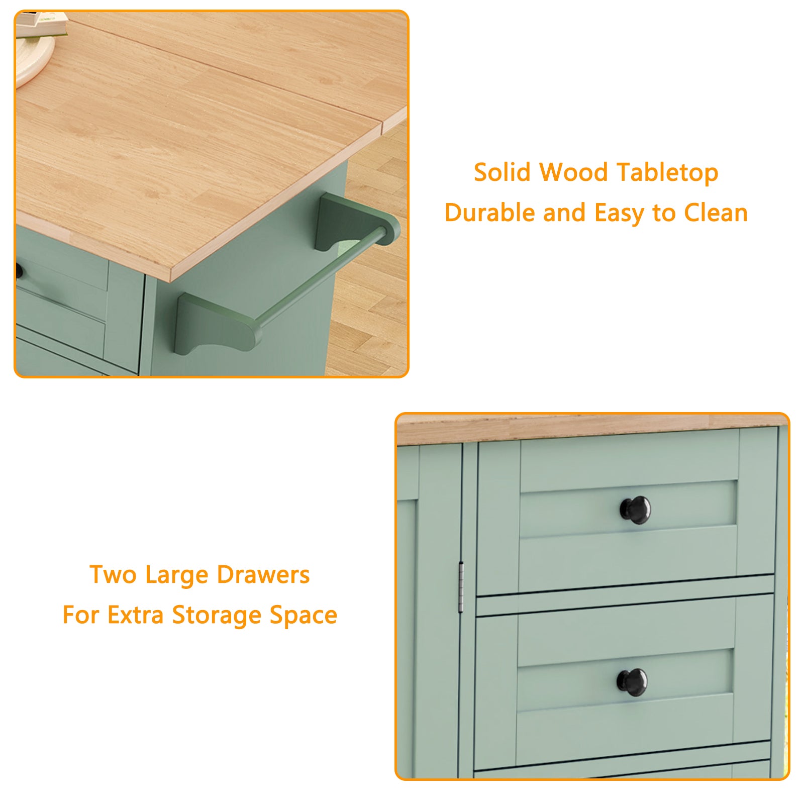 HLR 50.39" Kitchen Island with Storage, Wood Top Cart with Drop Leaf and Wheels, Green