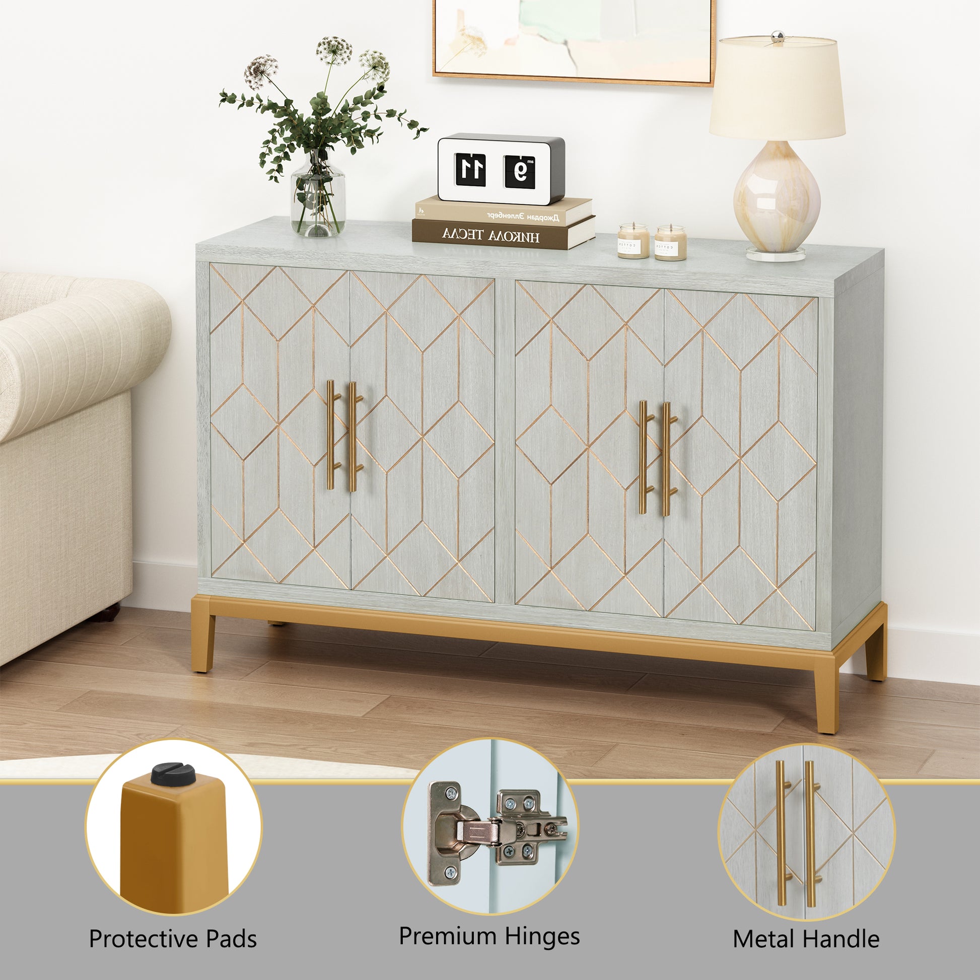 HLR 48" Modern Wood Credenzas & Sideboards with Gold Trim, Storage Cabinet with 4 Doors, Green