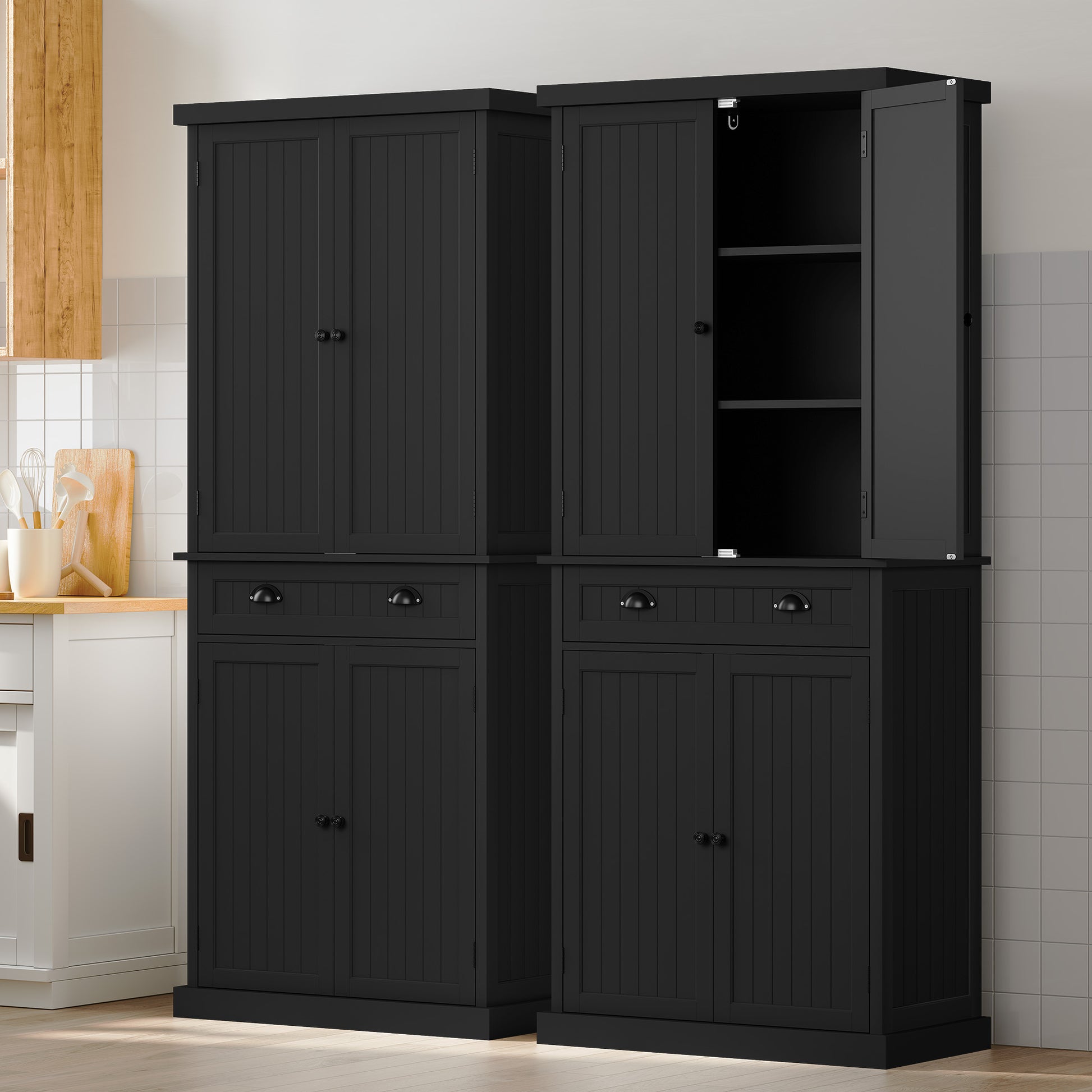 HLR Freestanding Durable Kitchen Pantry Storage Cabinet with Adjustable Shelves, Black