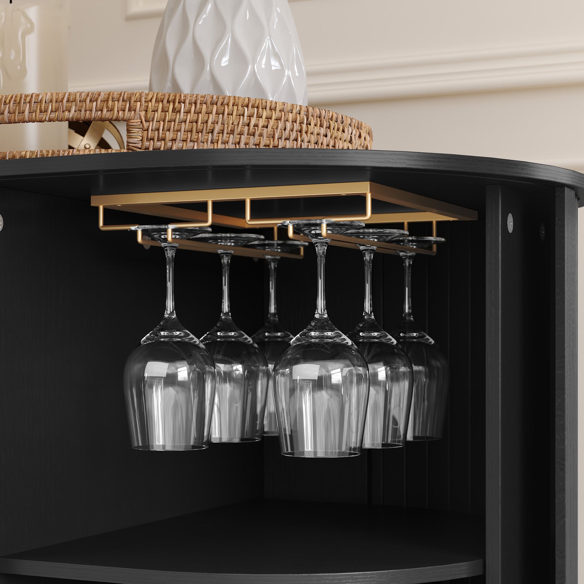 CBJCBJ 53" Wine Bar Cabinet with Tambour Door, Coffee Bar for Dining Room,Black