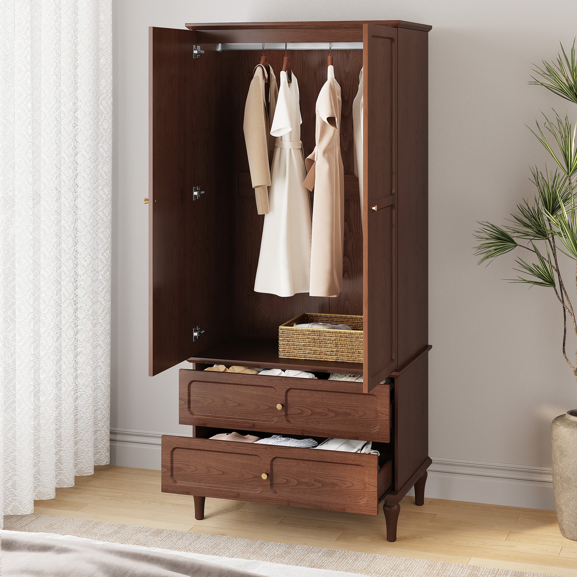 HLR 71" Tall Modern Wood Armoire Wardrobe Closet, Freestanding Cabinet with Hanging Rod for Bedroom, Brown