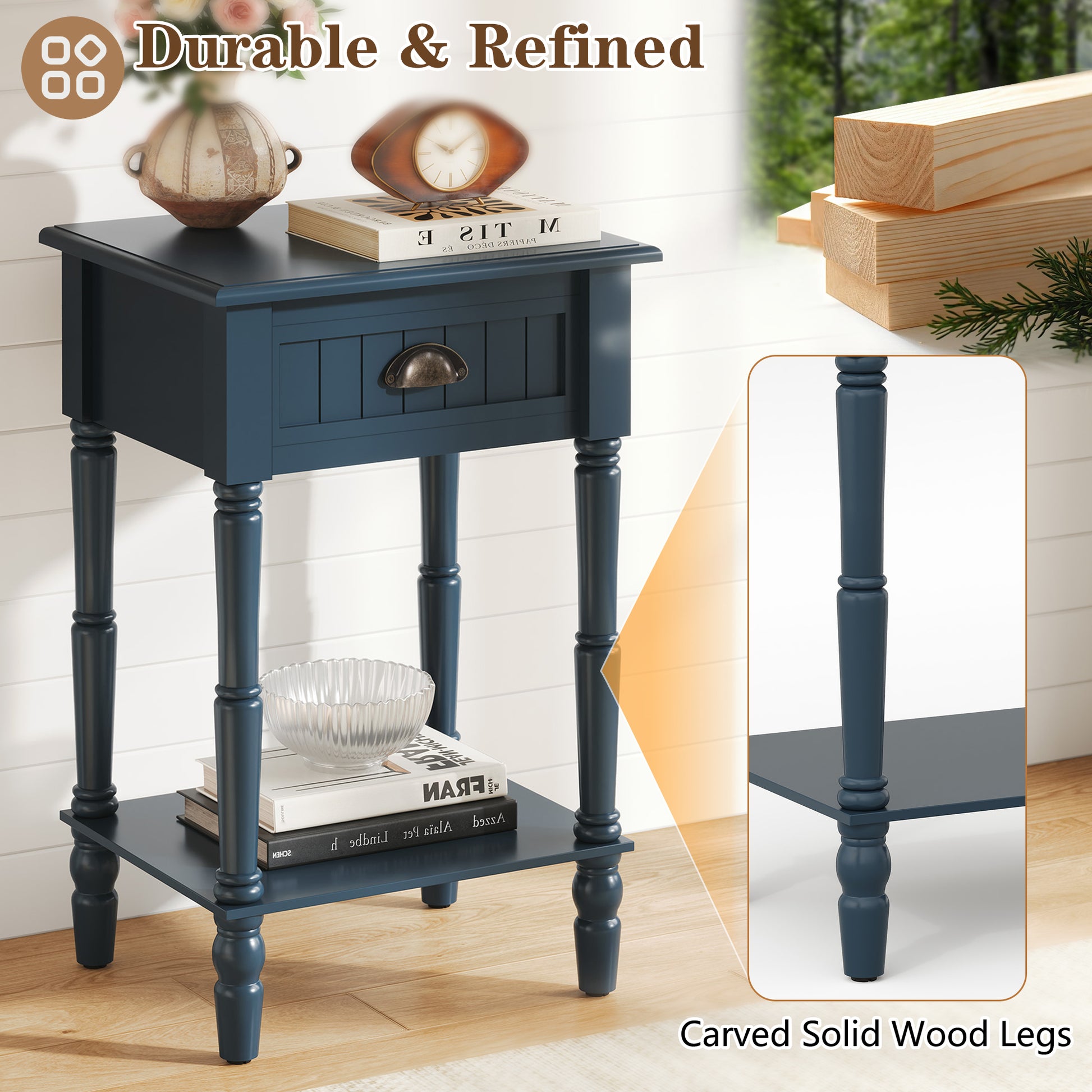CBJCBJ 26.8"H Retro Nightstands Set of 2, Side Table with Drawers and Open Shelves, for Bedrooms and Sofas,Blue