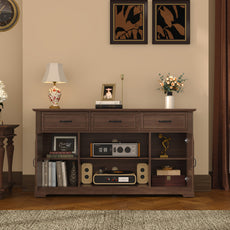 CBJCBJ 60.23" Farmhouse TV Console , 33" Tall Entertainment Center | Up to 65" & Larger TVs | Adjustable Shelf | 3 Drawers & Sliding Barn Doors(BROWN)
