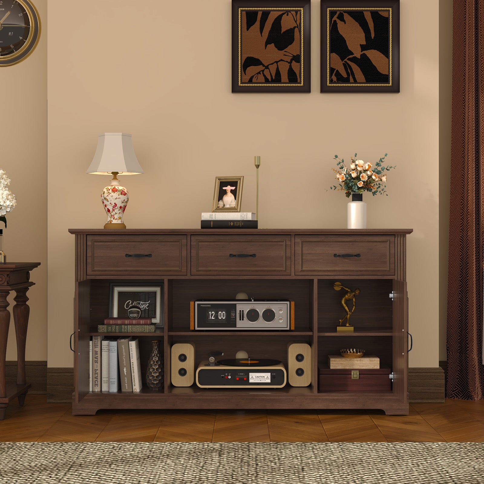 CBJCBJ 60.23" Farmhouse TV Console , 33" Tall Entertainment Center | Up to 65" & Larger TVs | Adjustable Shelf | 3 Drawers & Sliding Barn Doors(BROWN)
