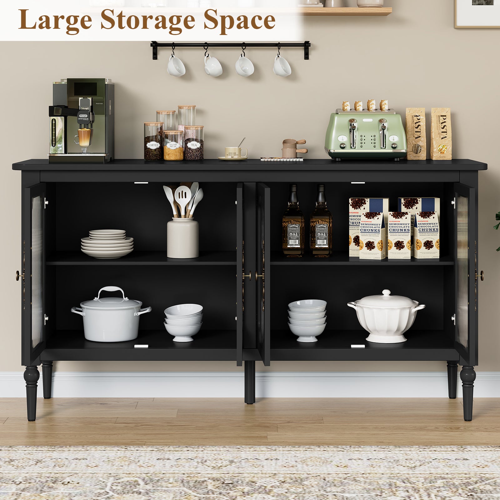 HLR 58'' Large Sideboard Buffet Cabinet with Storage, 4 Glass Modern Credenza Table for Kitchen, Black