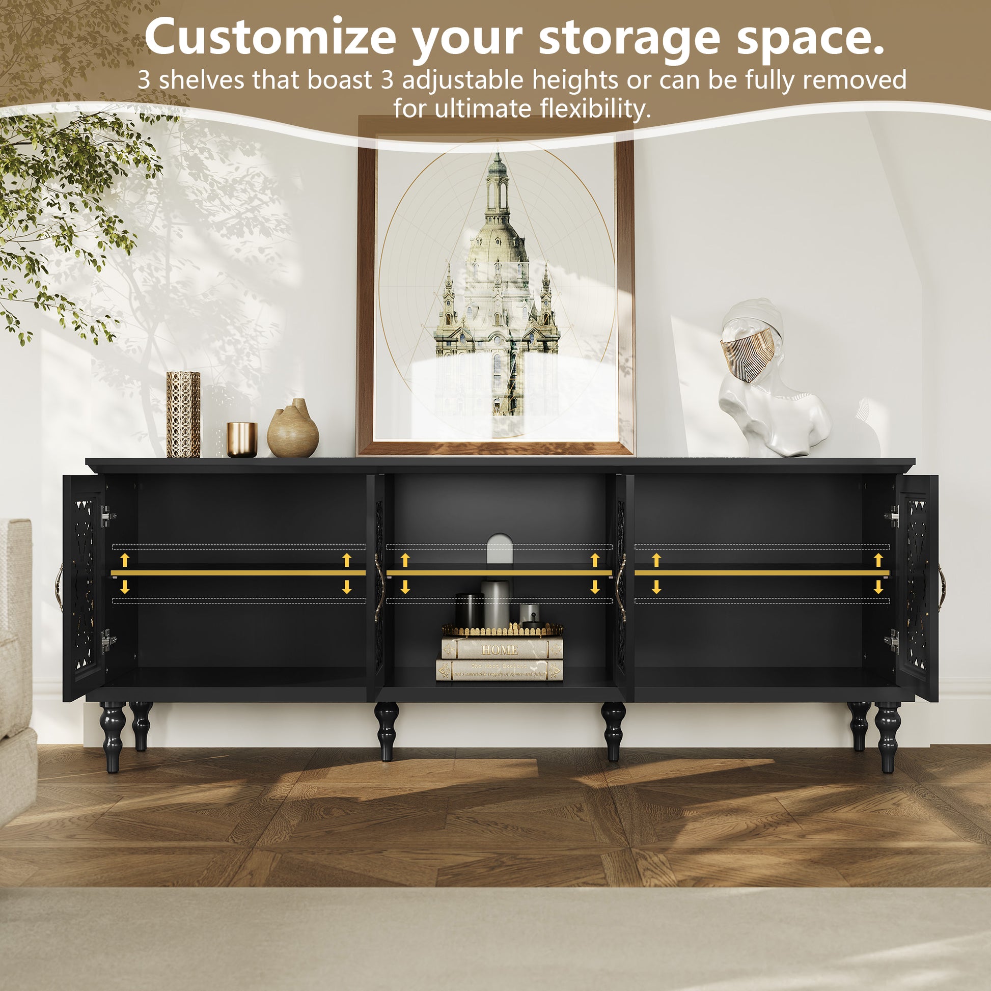 CBJCBJ Retro 67" TV Stand for TVs up to 75", Living Room Entertainment Center with 4 Door Storage Cabinet,Black