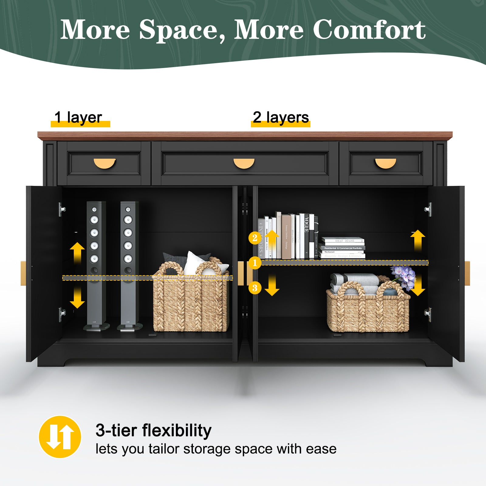 HLR® 60” Large Mid-Century Buffet Sideboard Cabinet
