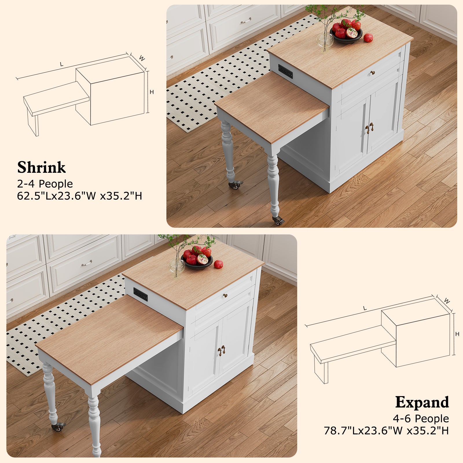 CBJCBJ Modern Extendable Kitchen Islands on Wheels with Power Outlet, Dining Table Cart with 2 Doors Storage, White