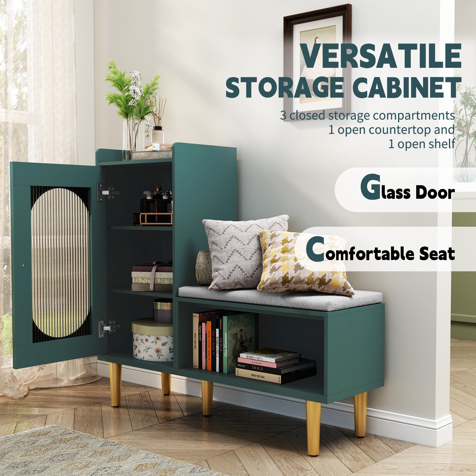 CBJCBJ Modern Storage Bench with Glass Door & Shelf - L-Shaped Entryway Cabinet, Padded Seat for Hallway/Bedroom/Office,Green