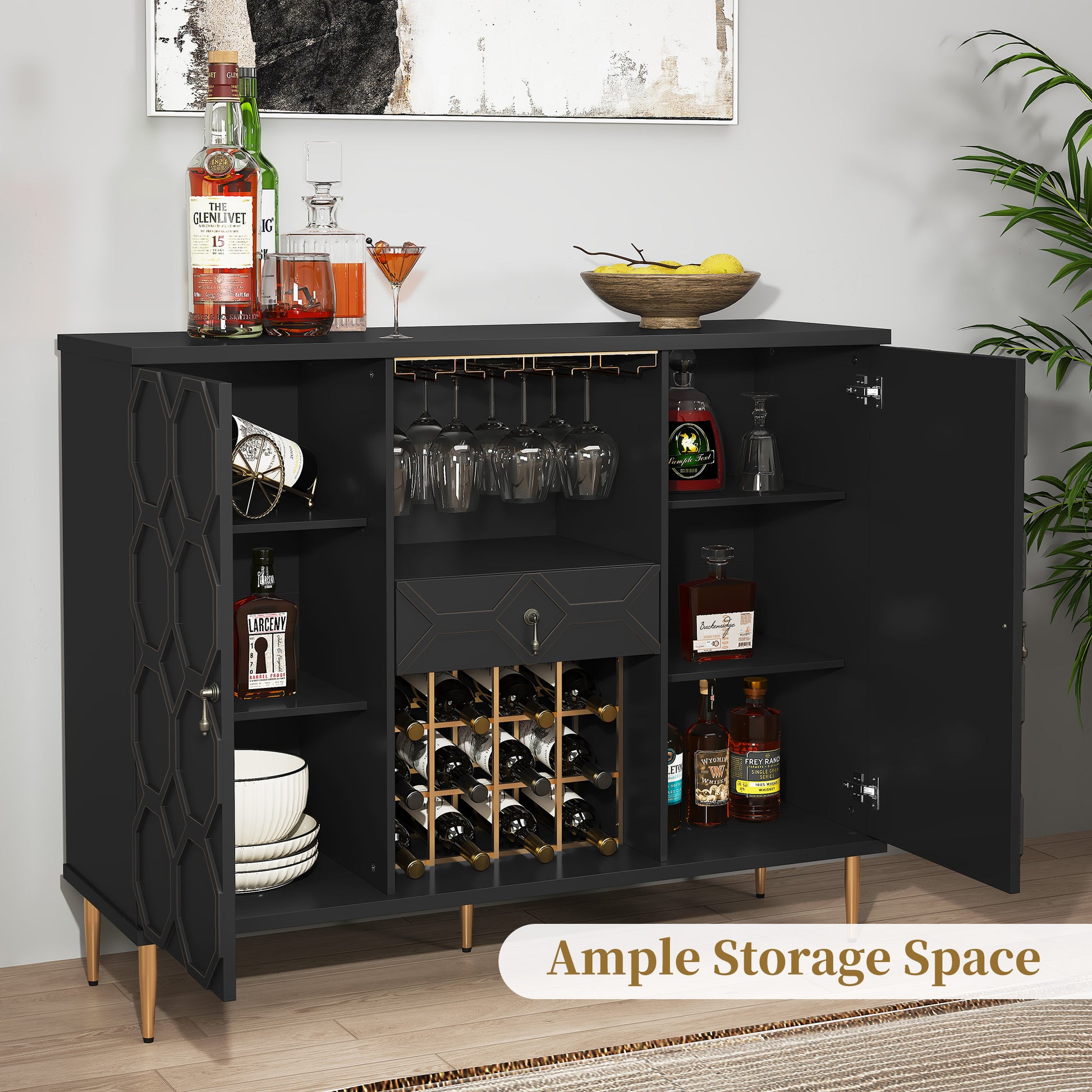 HLR Modern 47.2" Wine Bar Cabinet with Drawer, Geometric Door Buffet Sideboard Coffee Bar for Kitchen, Black