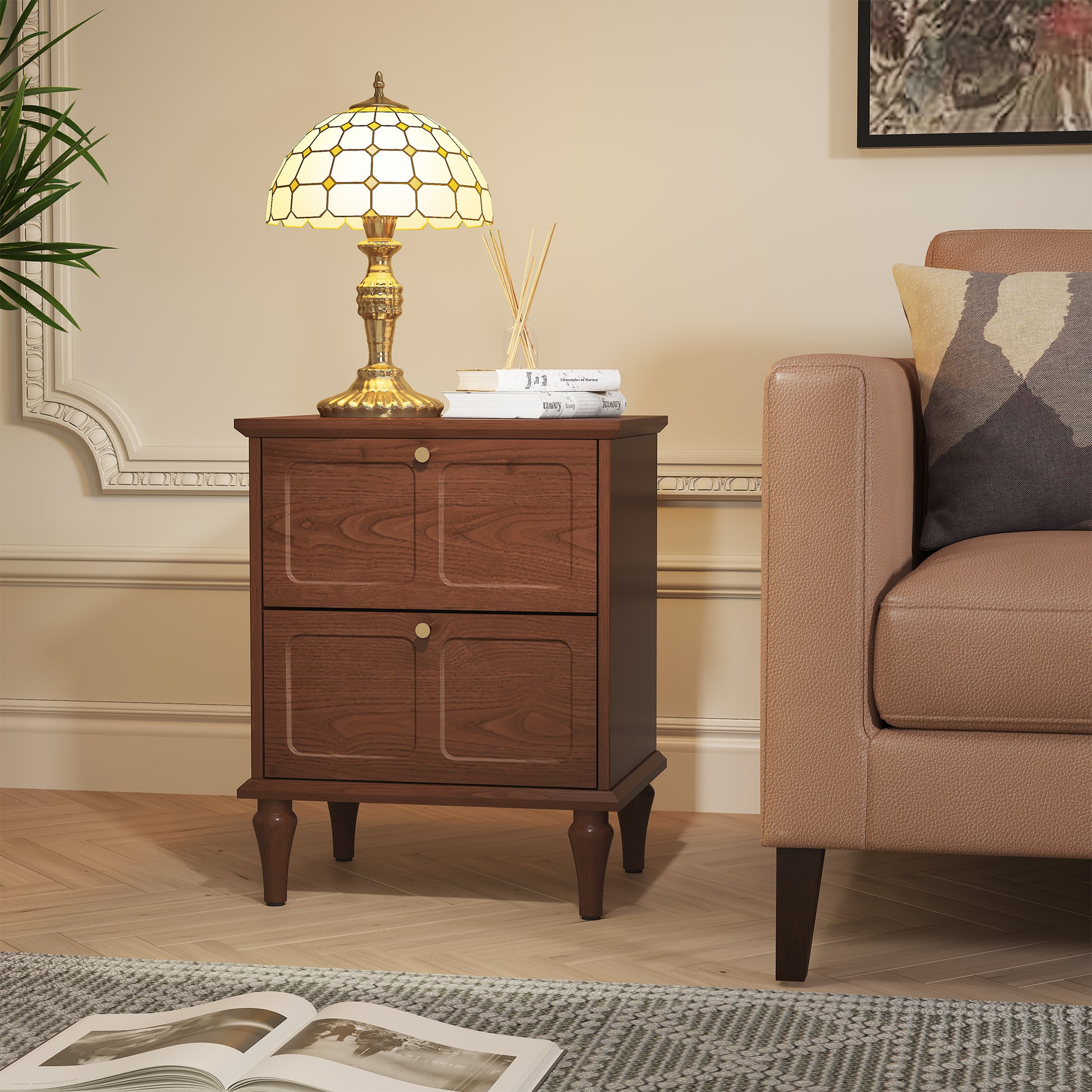 CBJCBJ 21" Mid-Century Nightstands Set of Two, Featuring Two Storage Drawers with Metal Handles, Brown
