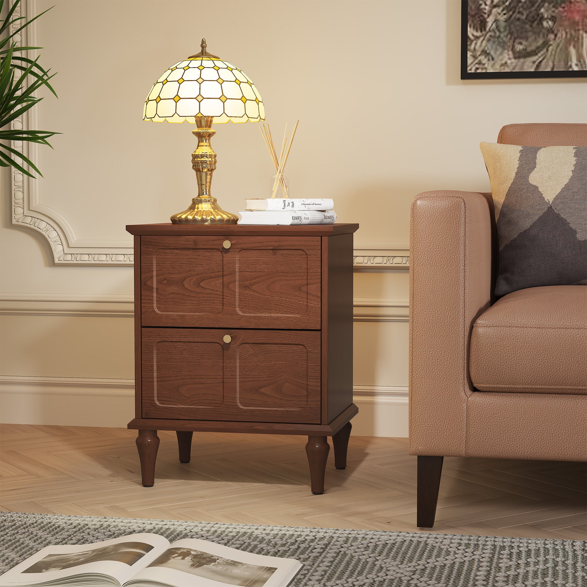 CBJCBJ 21" Mid-Century Nightstands Set of Two, Featuring Two Storage Drawers with Metal Handles, Brown