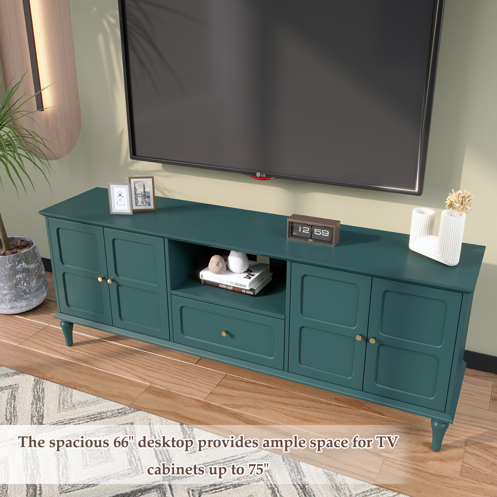 HLR Mid Century 67" TV Stand, for TVs up to 75", Living Room Entertainment Center with 4 Door Storage Cabinet, Green