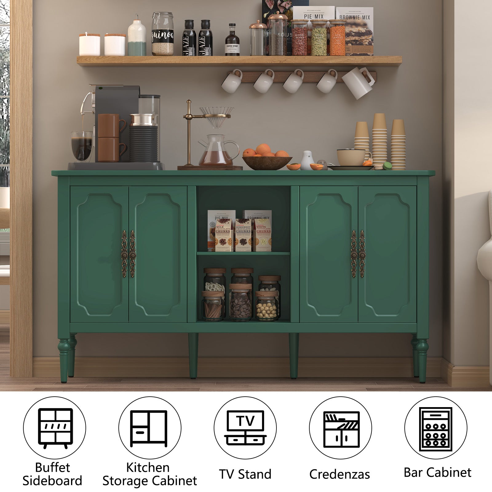 CBJCBJ 59" Mid-Century Storage Cabinet with Adjustable Shelves, Double-Layer Open Design for Living Room & Bedroom, Green
