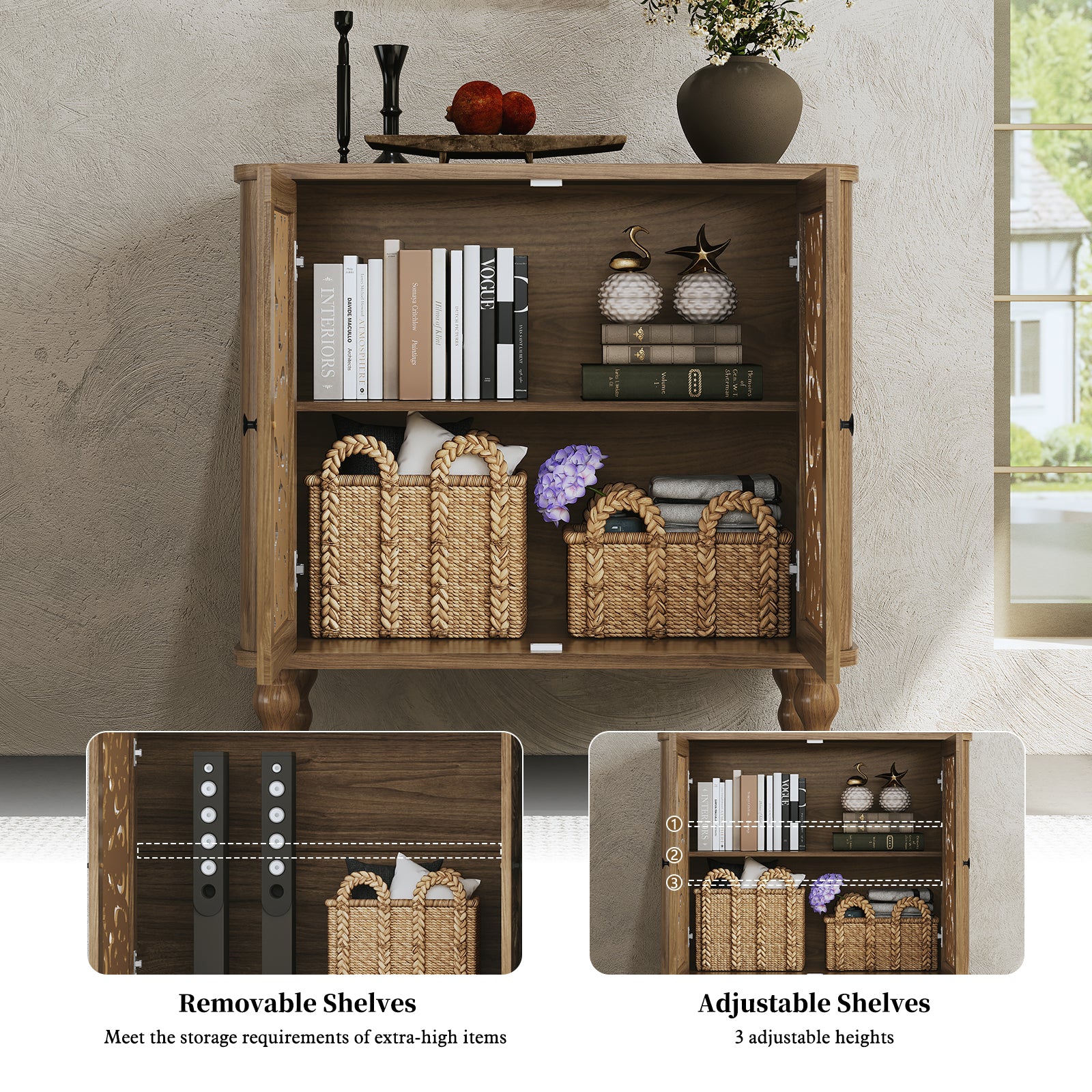 HLR 31.5"W Mid Century Rounded Corners Sideboards Buffets Cabinet with 2 Doors Storage for Kitchen Dining, Brown