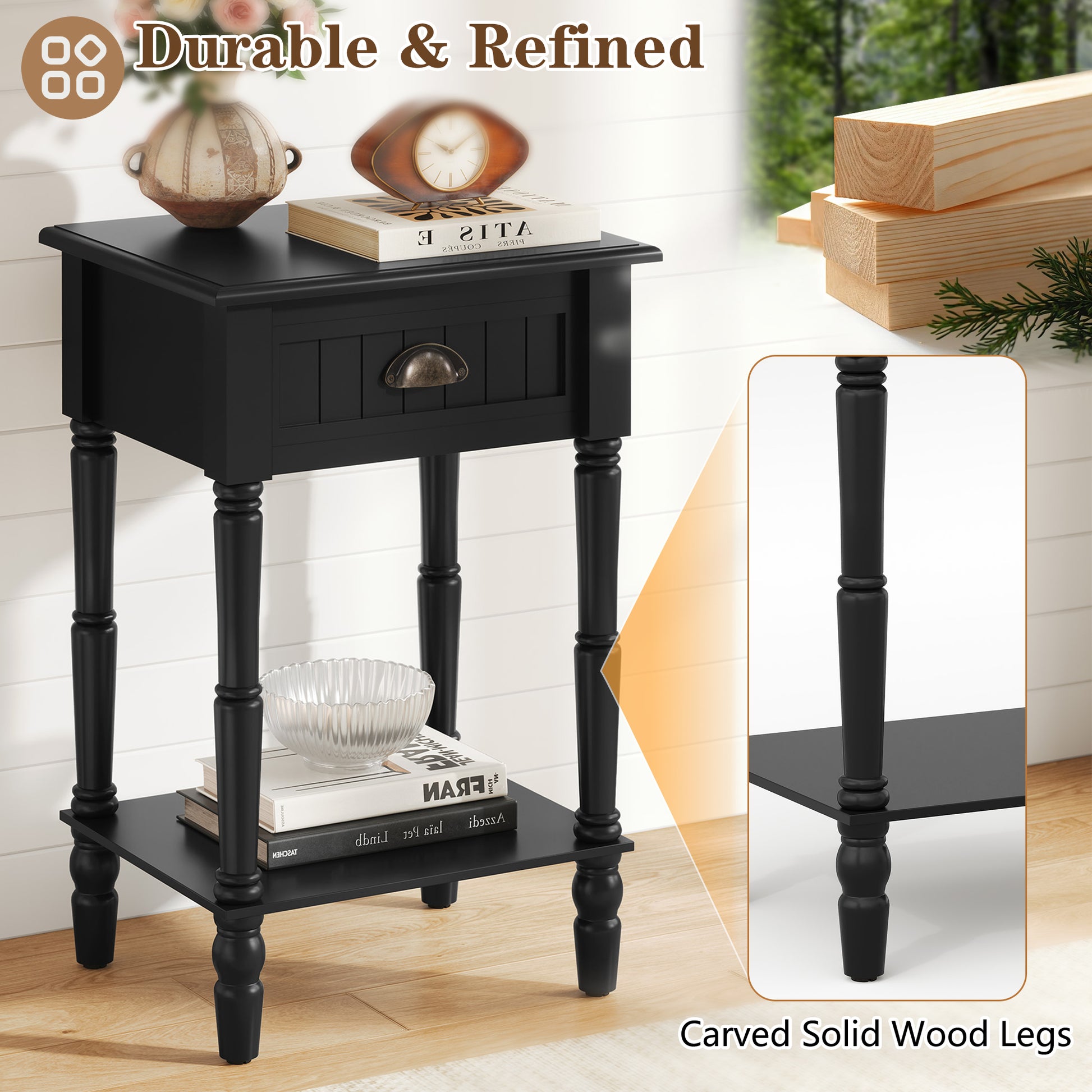 CBJCBJ 26.8"H Retro Nightstands, Side Table with Drawers and Open Shelves, for Bedrooms and Sofas,Black