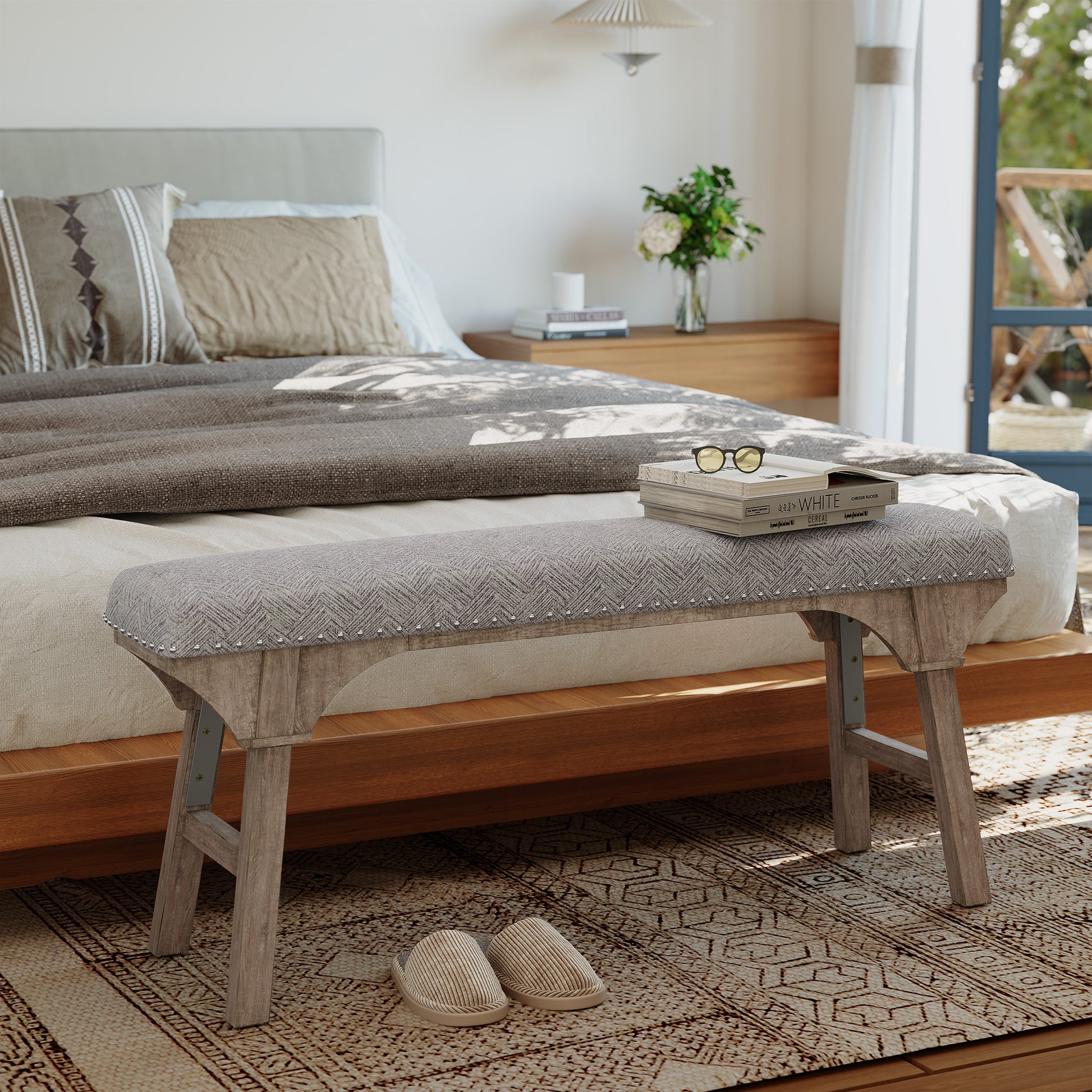 HLR 44" Modern Bedroom Benches, Upholstered Entryway Bench/End of Bed Bench for Living Room, Gray