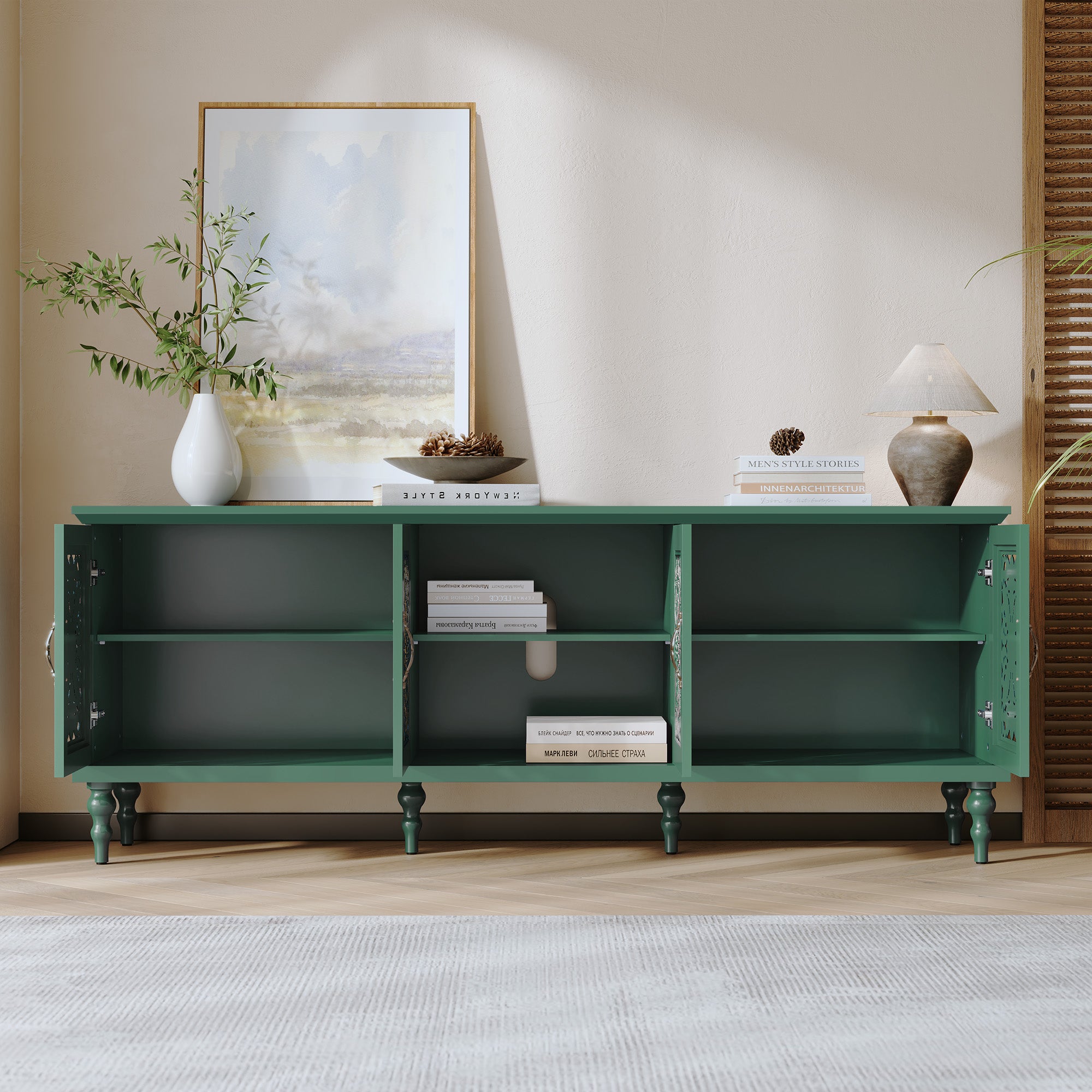 HLR Retro 67" TV Stand, for TVs up to 75", Living Room Entertainment Center with Carved Storage Cabinet, Green