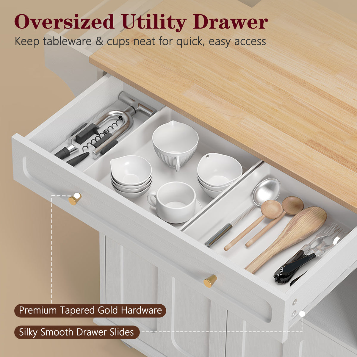 CBJCBJ Folding Rubber wood Kitchen Island, Kitchen Cart with Hidden Trash Can, Knife Rack & Spice Rack,White