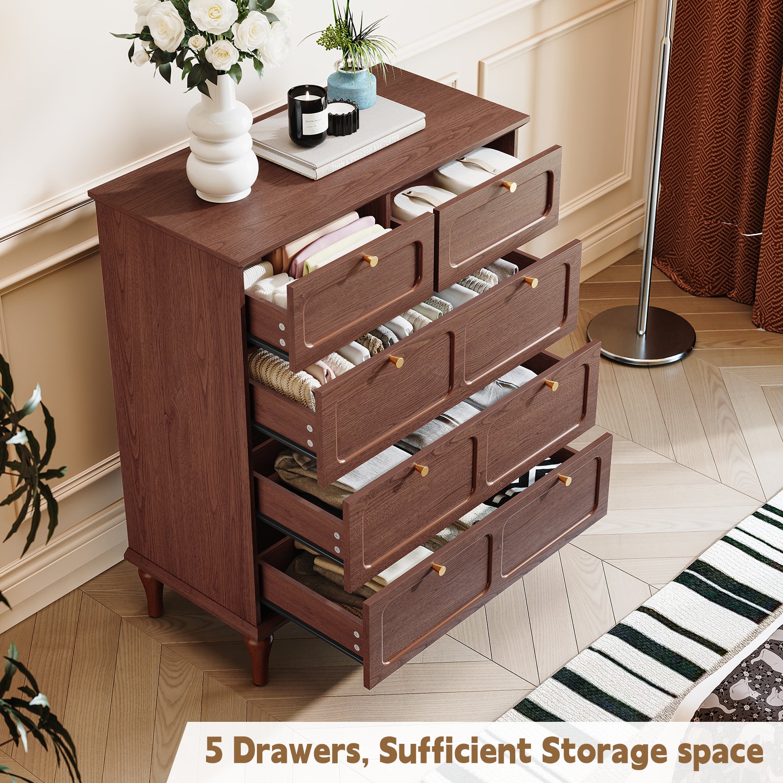 HLR 40" Mid-century 5 Drawer Dresser for Bedroom, Small Dressers & Chest of Drawers, Brown