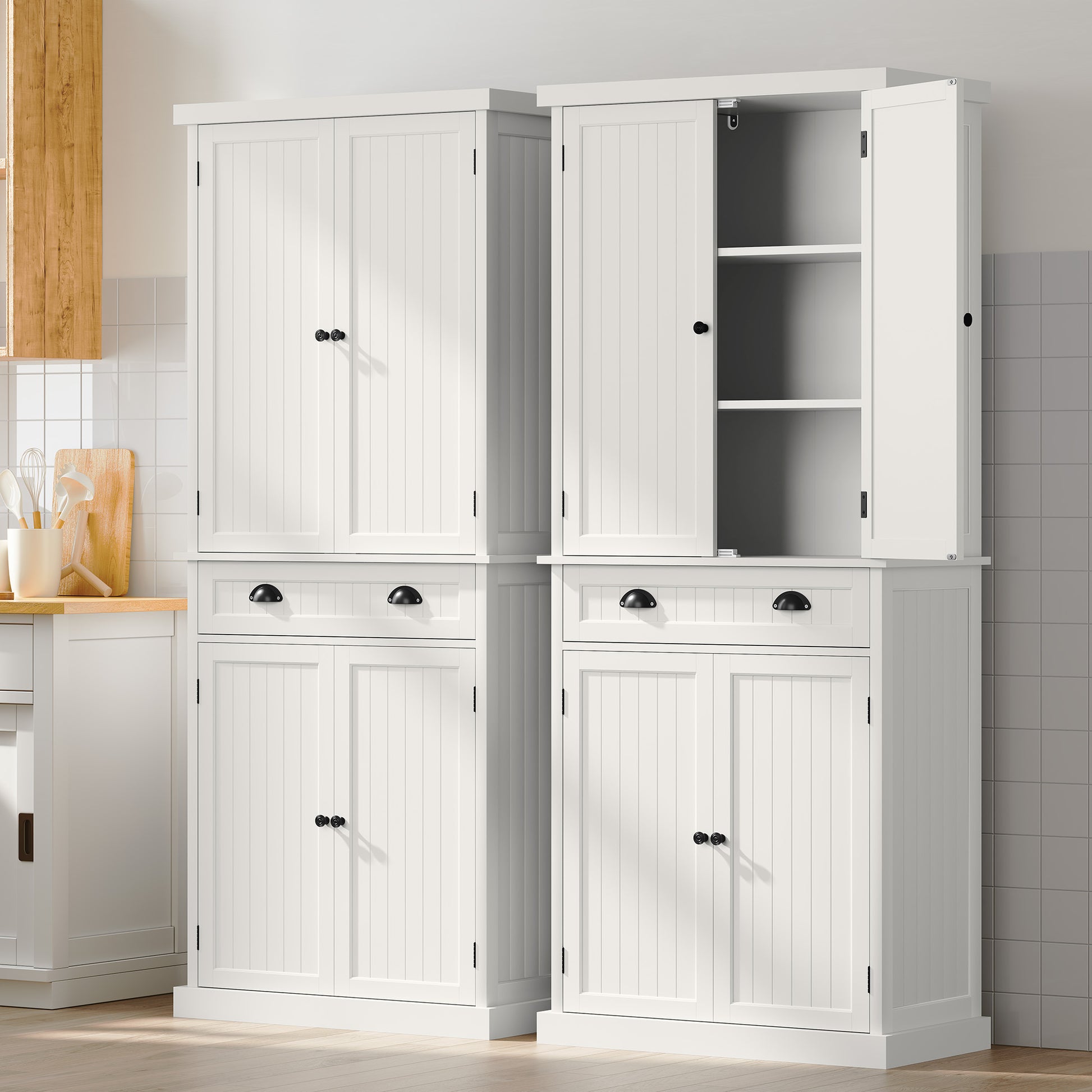 HLR 72" Tall Kitchen Pantry Cabinet with Drawer & Adjustable Shelves, Freestanding Storage Cabinet, White