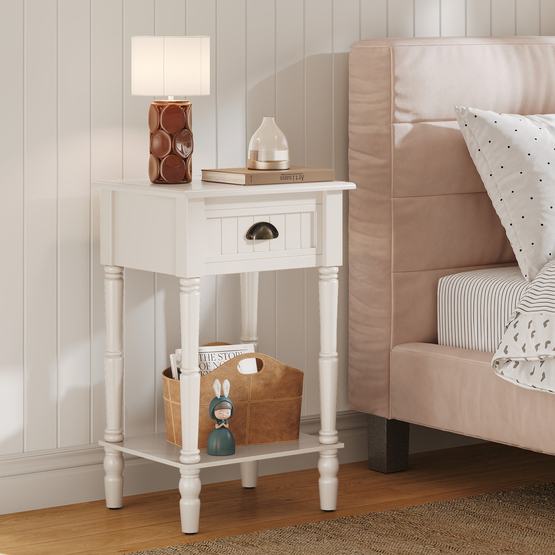 HLR 26"H Modern Nightstand with Drawer, Minimal Assembly Wood End Table for Bedroom, White