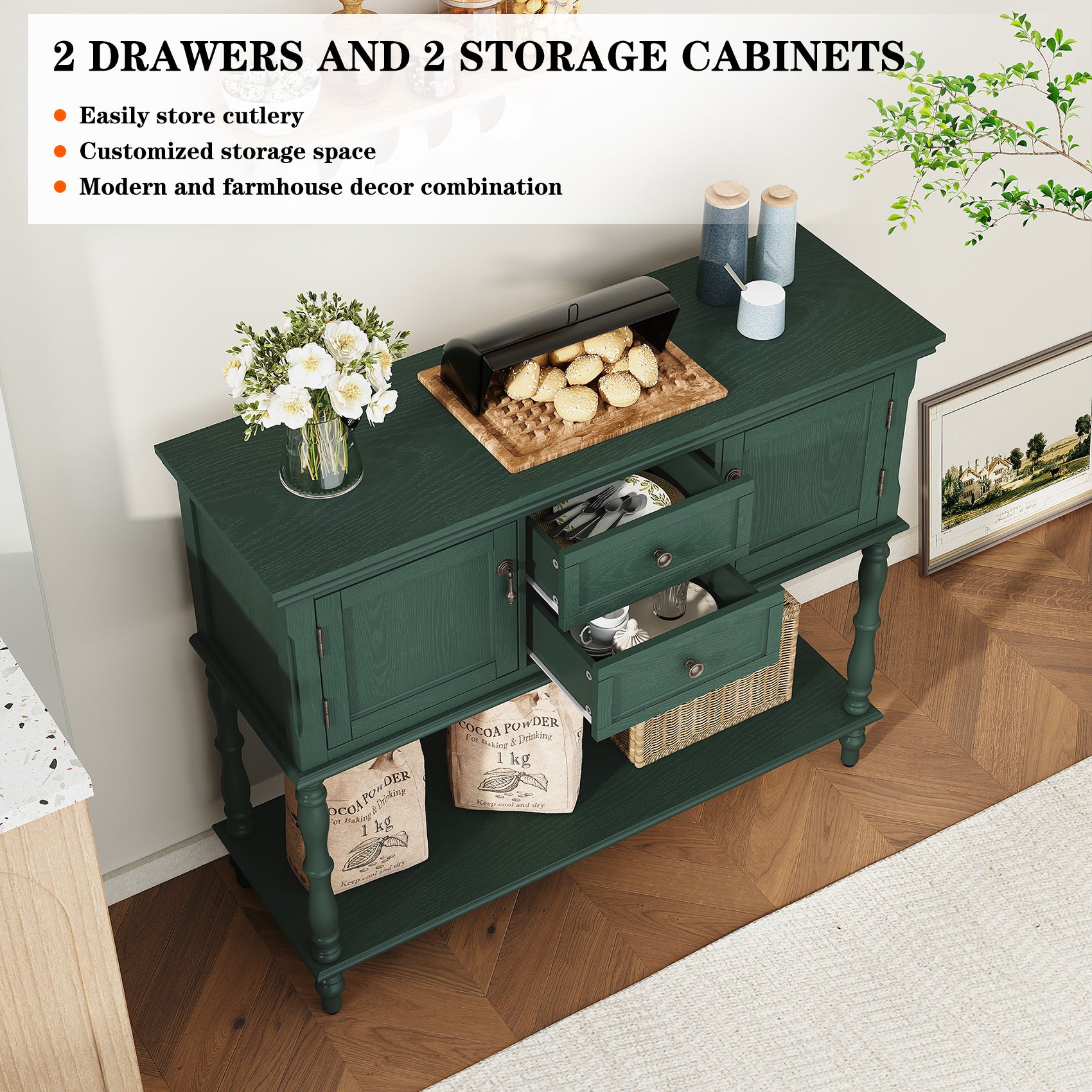 CBJCBJ 42" Farmhouse Console Table , 2 Drawer Narrow Long Entryway Table with Open Storage Shelf , for Living Room, Green