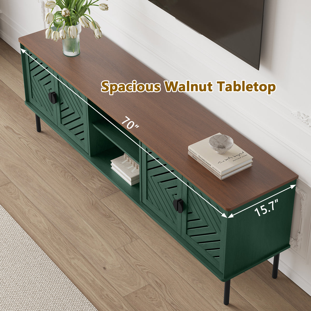 HLR Mid Century Modern 70" Large TV Stand for 80 Inch TV, Entertainment Center with Storage, Green