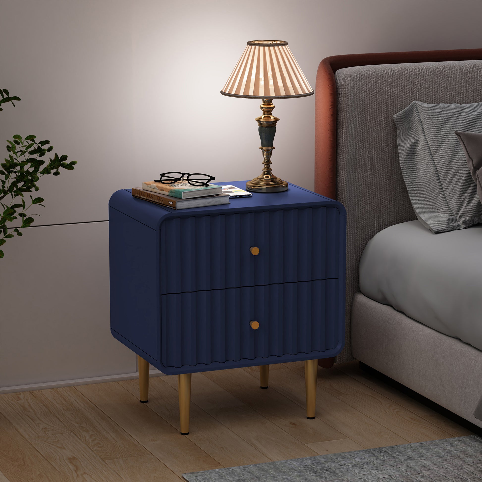 CBJCBJ Modern Bedroom Nightstand Set of 2, 20-Inch Wood Bedside Table with 2 Drawers and Gold Handles