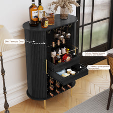 CBJCBJ Bar Cabinet with Tambour Door –Wood Liquor Cabinet 16 with Wine Racks and Glass Holder,Coffee Bar for Home(Black)