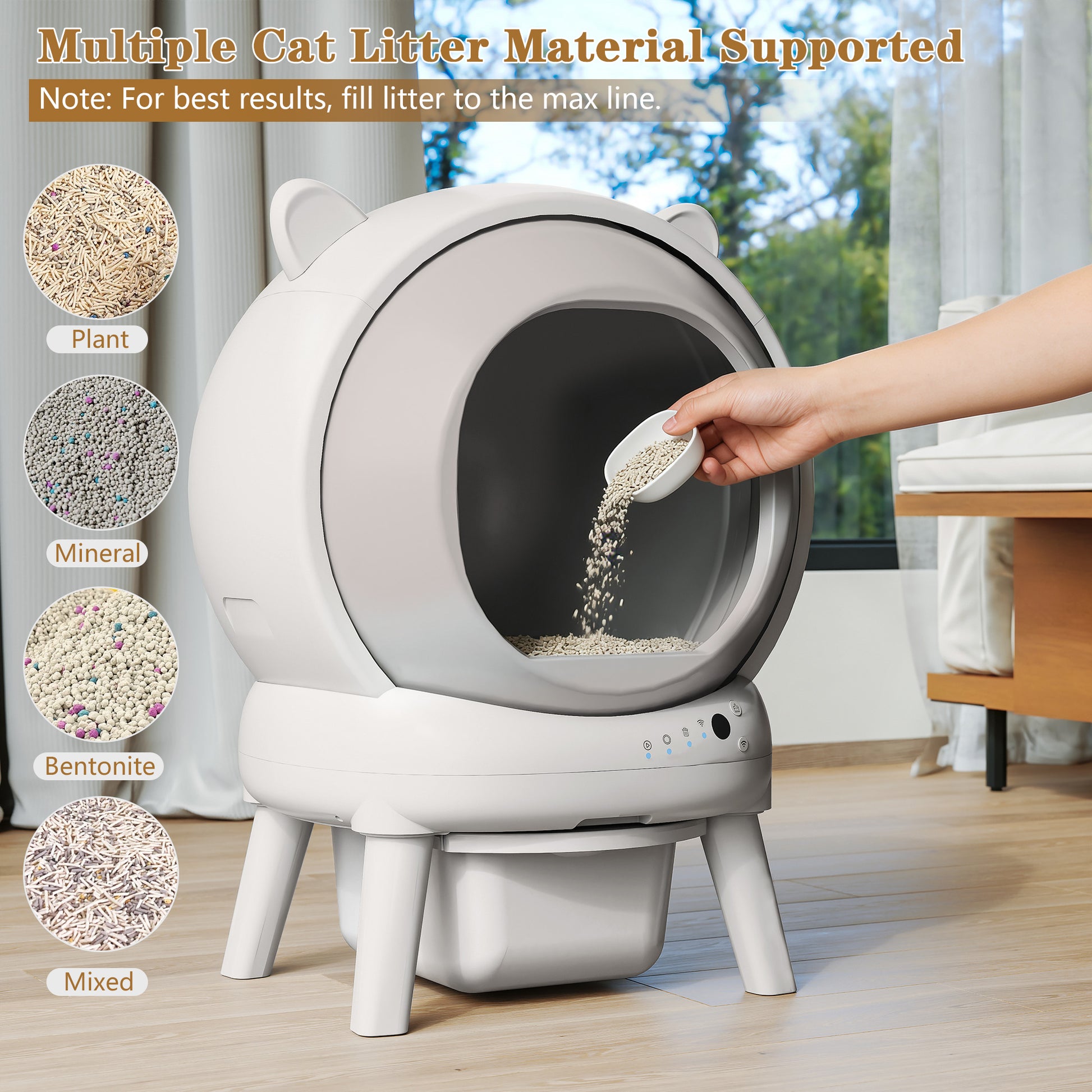 HLR 60L Smart Automatic Self-Cleaning Cat Litter Box, APP Control/Integrated Safety Protection, Cat Ears Design, White