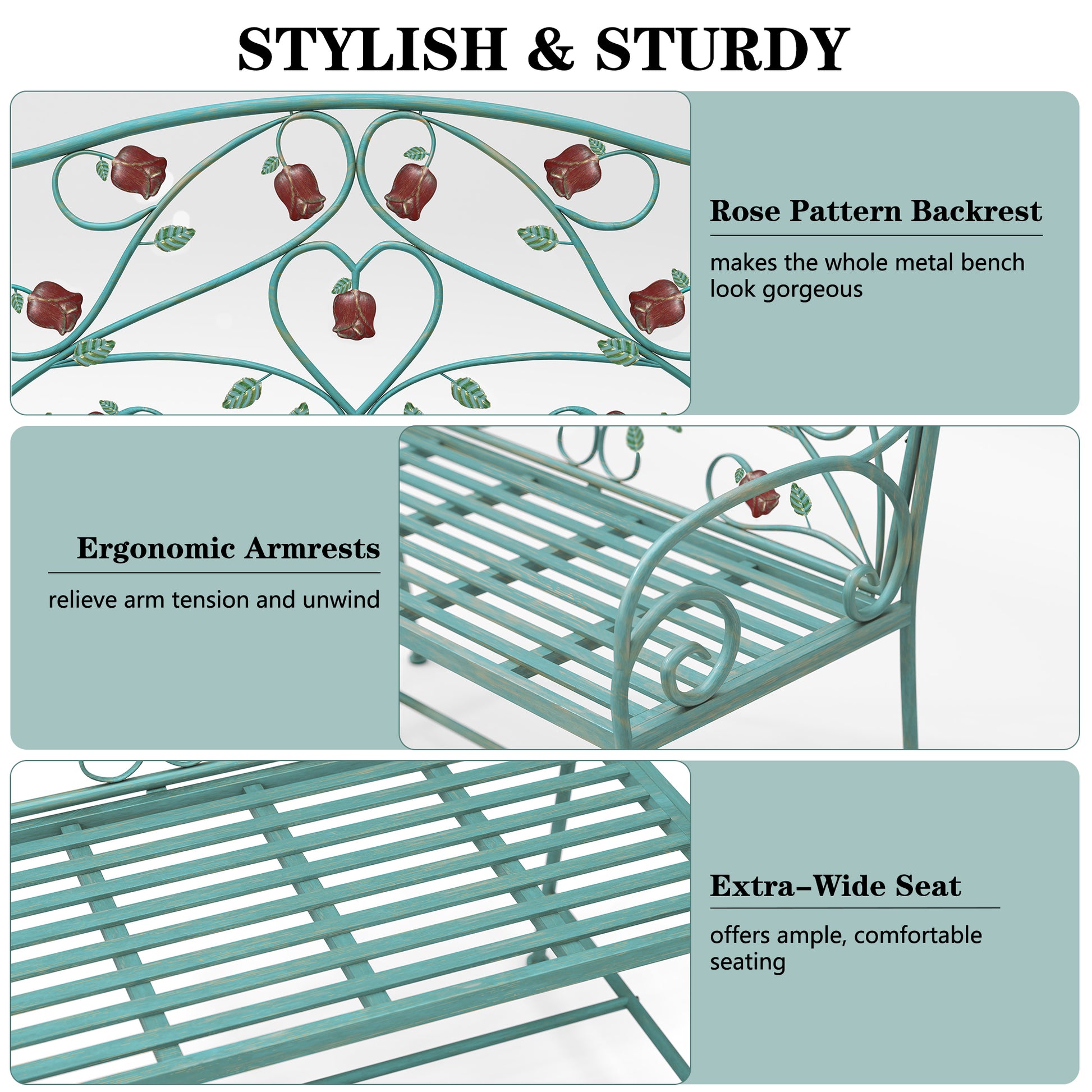 CBJCBJ 42" Waterproof Outdoor Bench ,Indoor Entryway Stools with Metal Rose Design, for Gardens/ Lawns,Blue