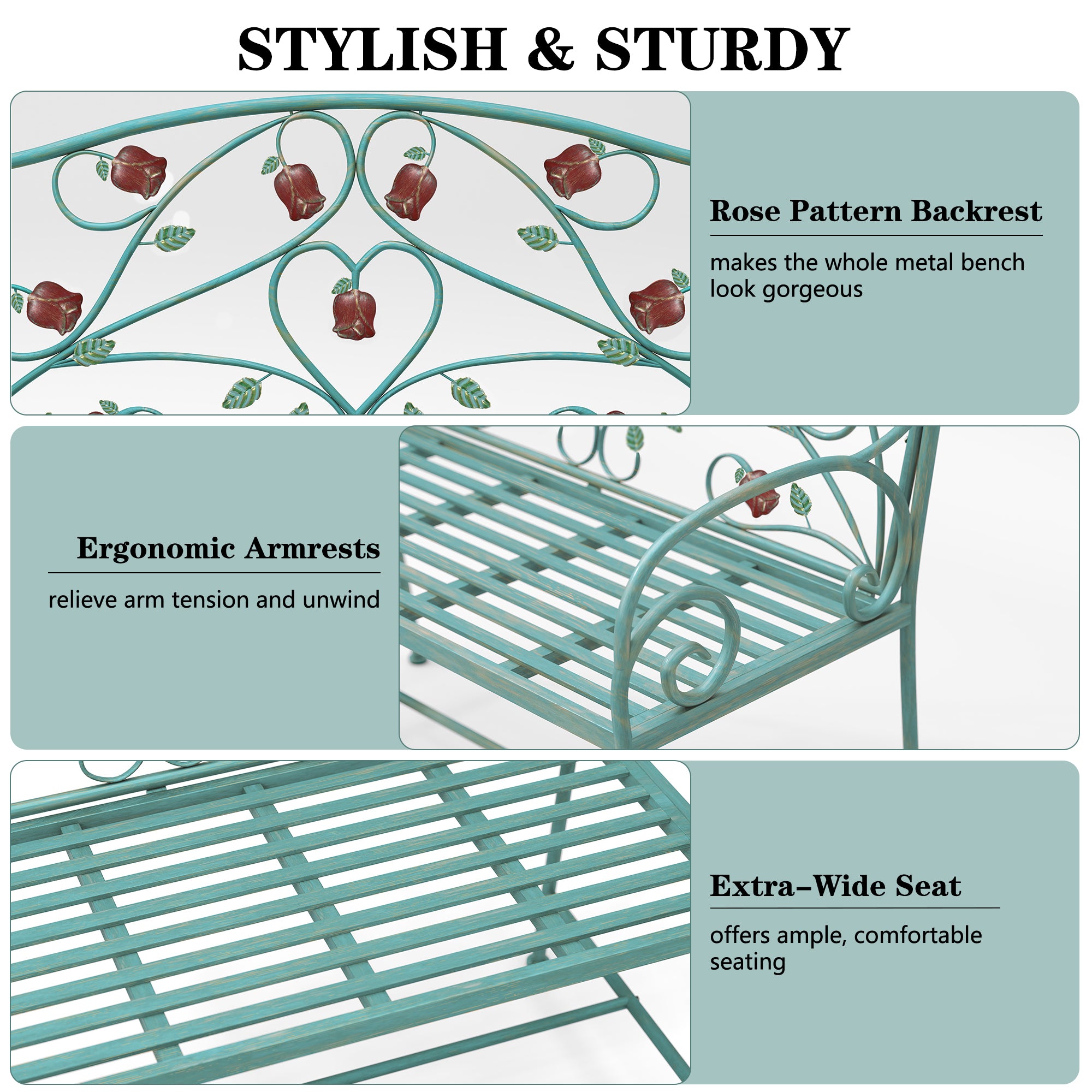 CBJCBJ 42" Waterproof Outdoor Bench ,Indoor Entryway Stools with Metal Rose Design, for Gardens/ Lawns,Blue