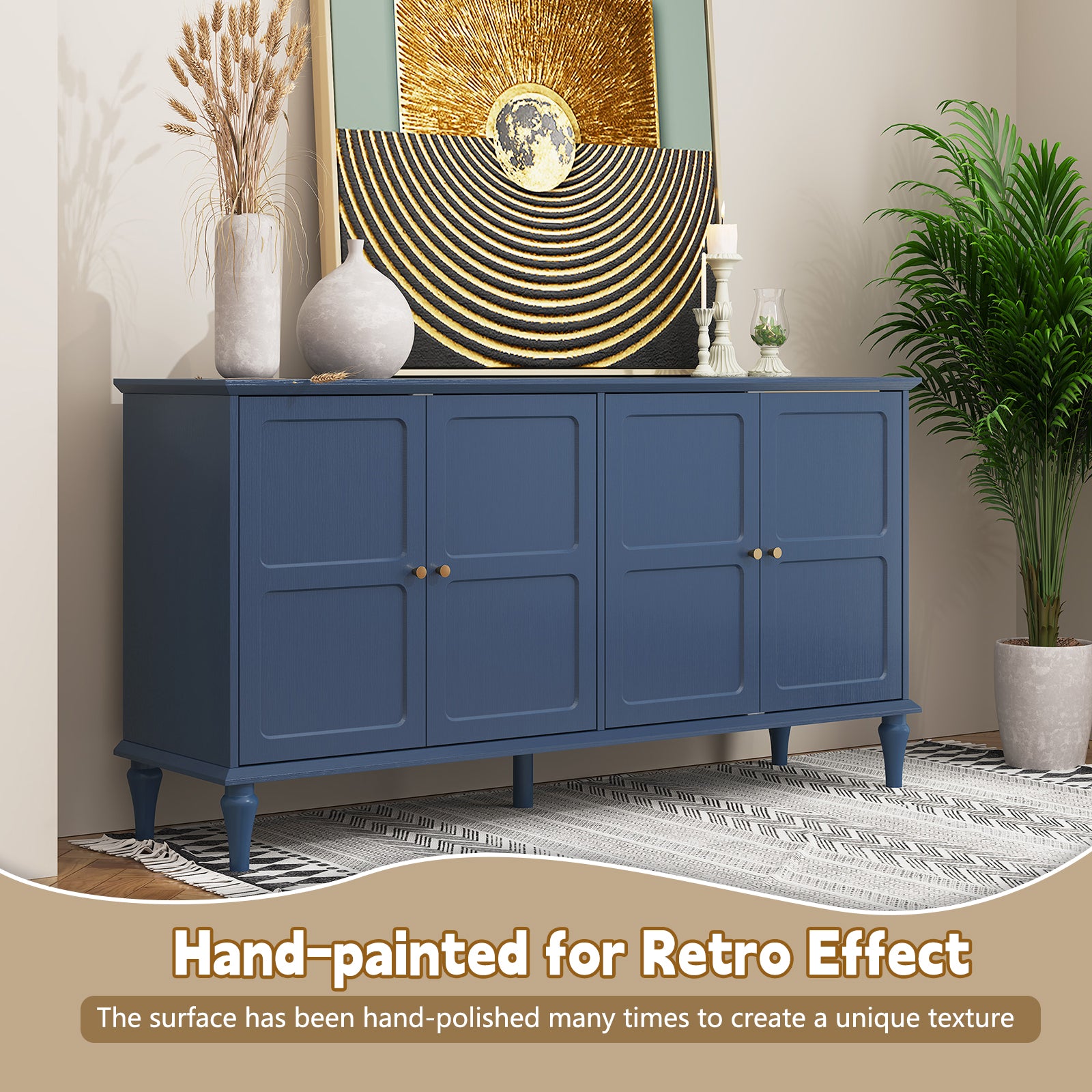 CBJCBJ Mid-Century 58'' Wood 4 Door Sideboard Buffet Cabinet for Living Dining & Bedroom, Blue