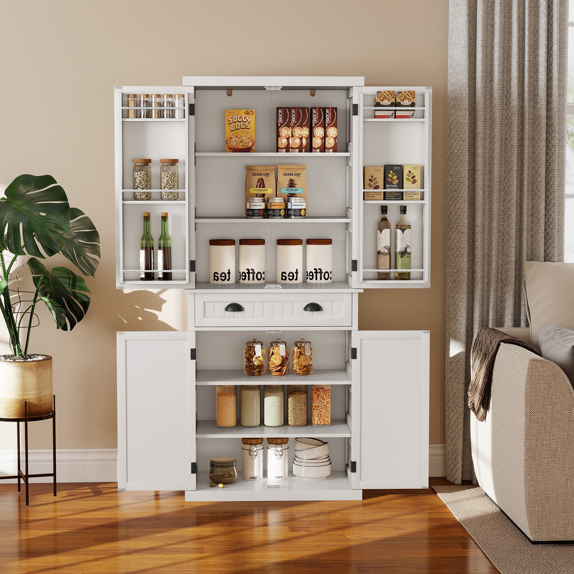 HLR 72" Utility Pantry Storage Cabinet, Tall Cupboard with Door Shelves and Drawer for Kitchen, White