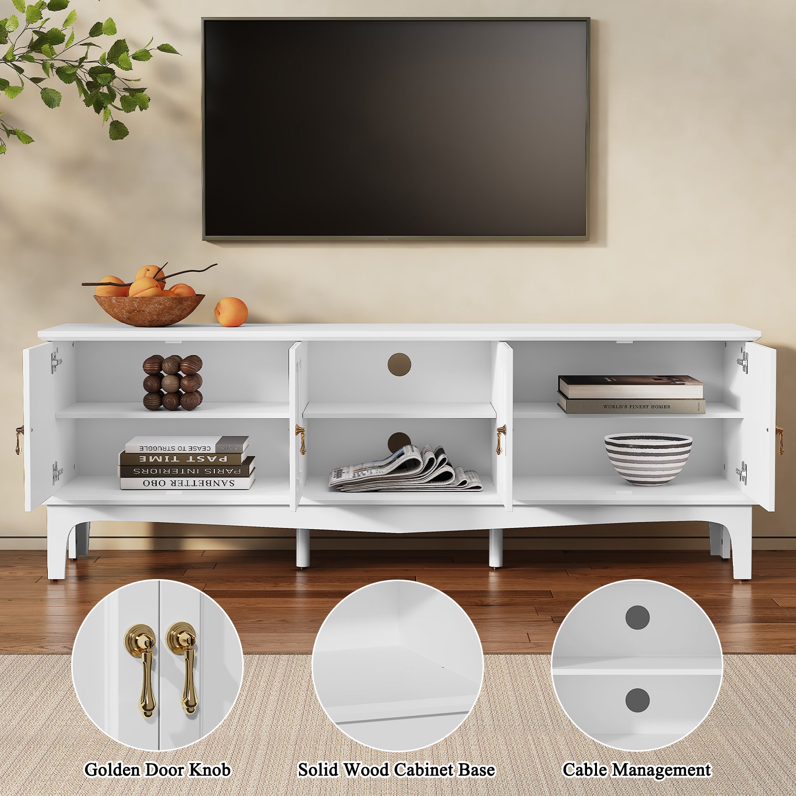 HLR Modern 67" TV Stand, for TVs up to 75", Entertainment Center with Curved Base for Living Room, White