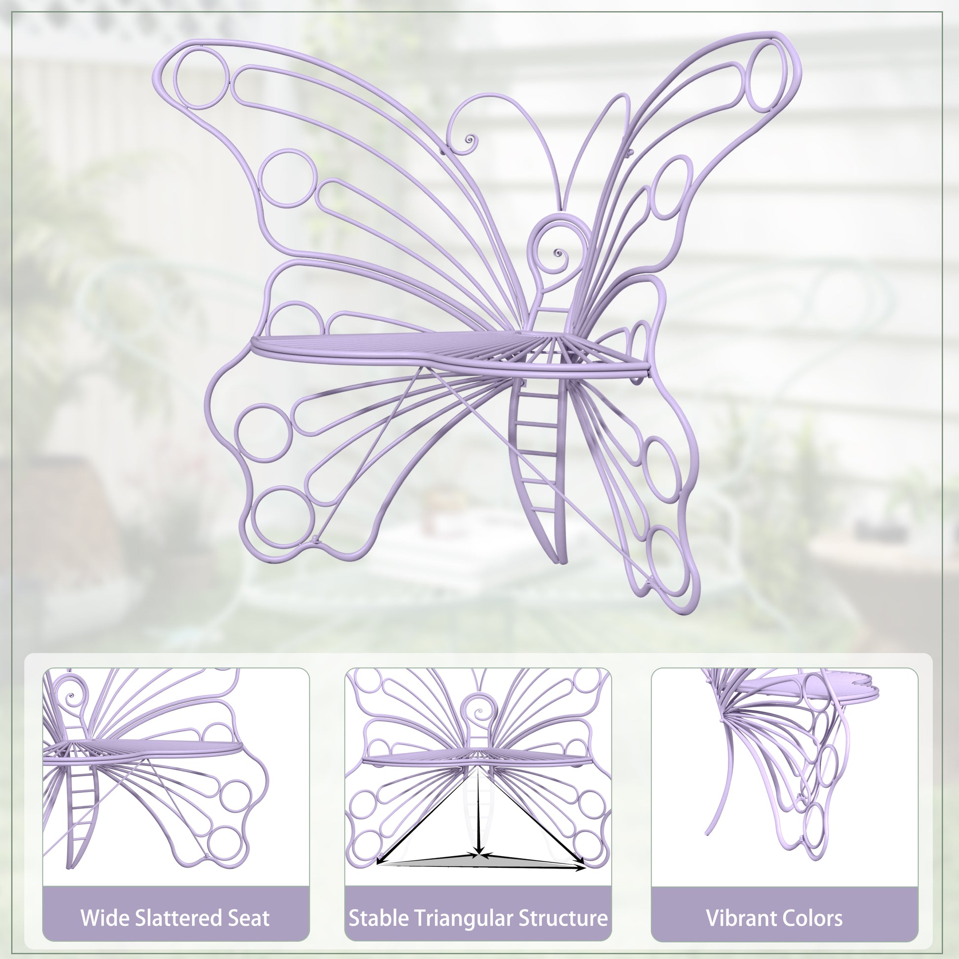CBJCBJ 50" Weatherproof Outdoor Patio Bench，Metal Butterfly Design for Garden and Lawn Porch， Purple