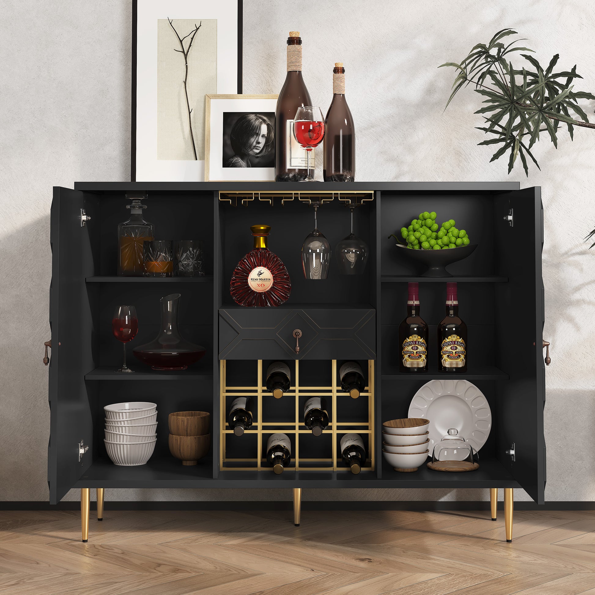 HLR Modern 47.2" Wine Bar Cabinet with Drawer, Geometric Door Buffet Sideboard Coffee Bar for Kitchen