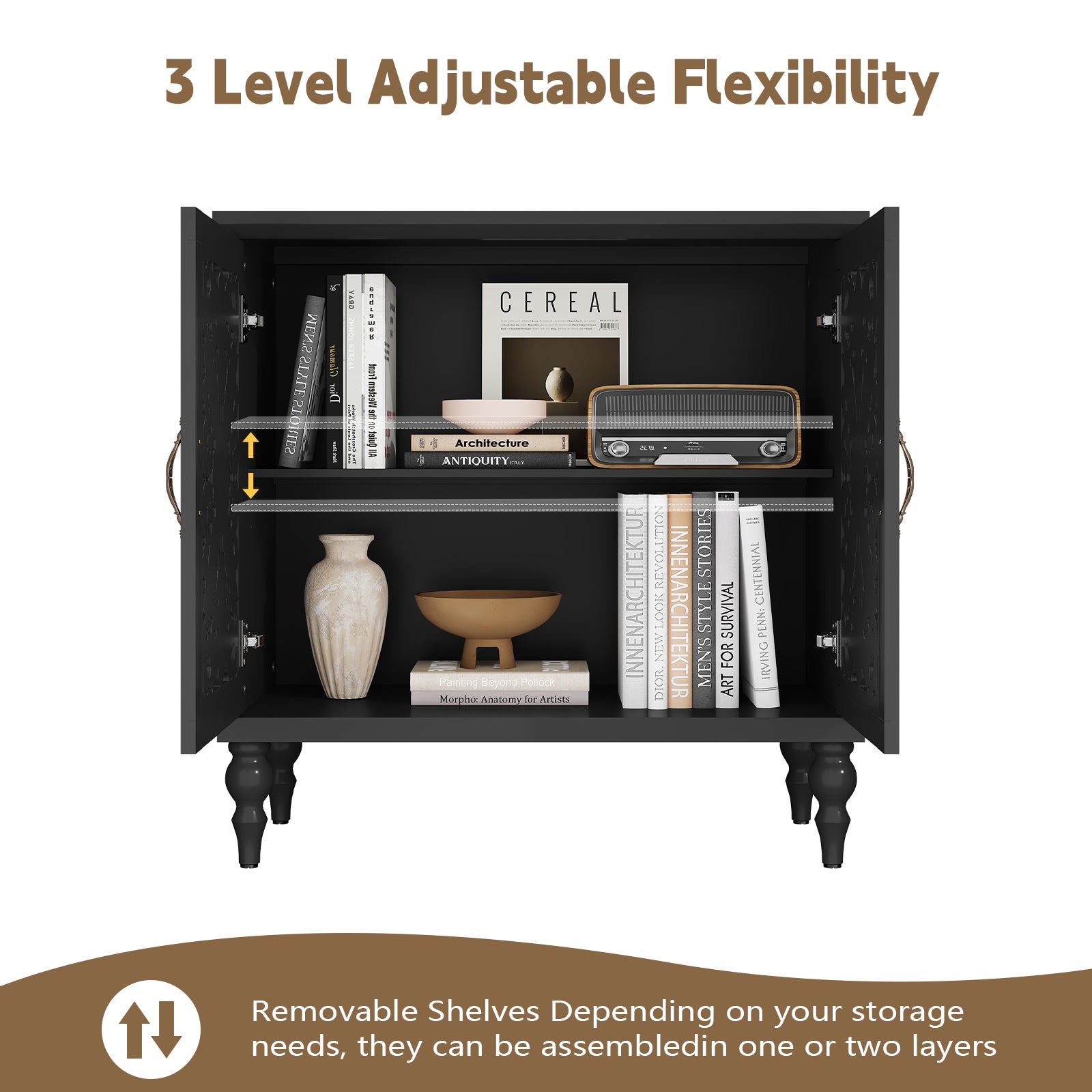 HLR 31.5"W Mid Century Vintage Sideboards Buffets Cabinet with 2 Doors Storage for Kitchen Dining, Black