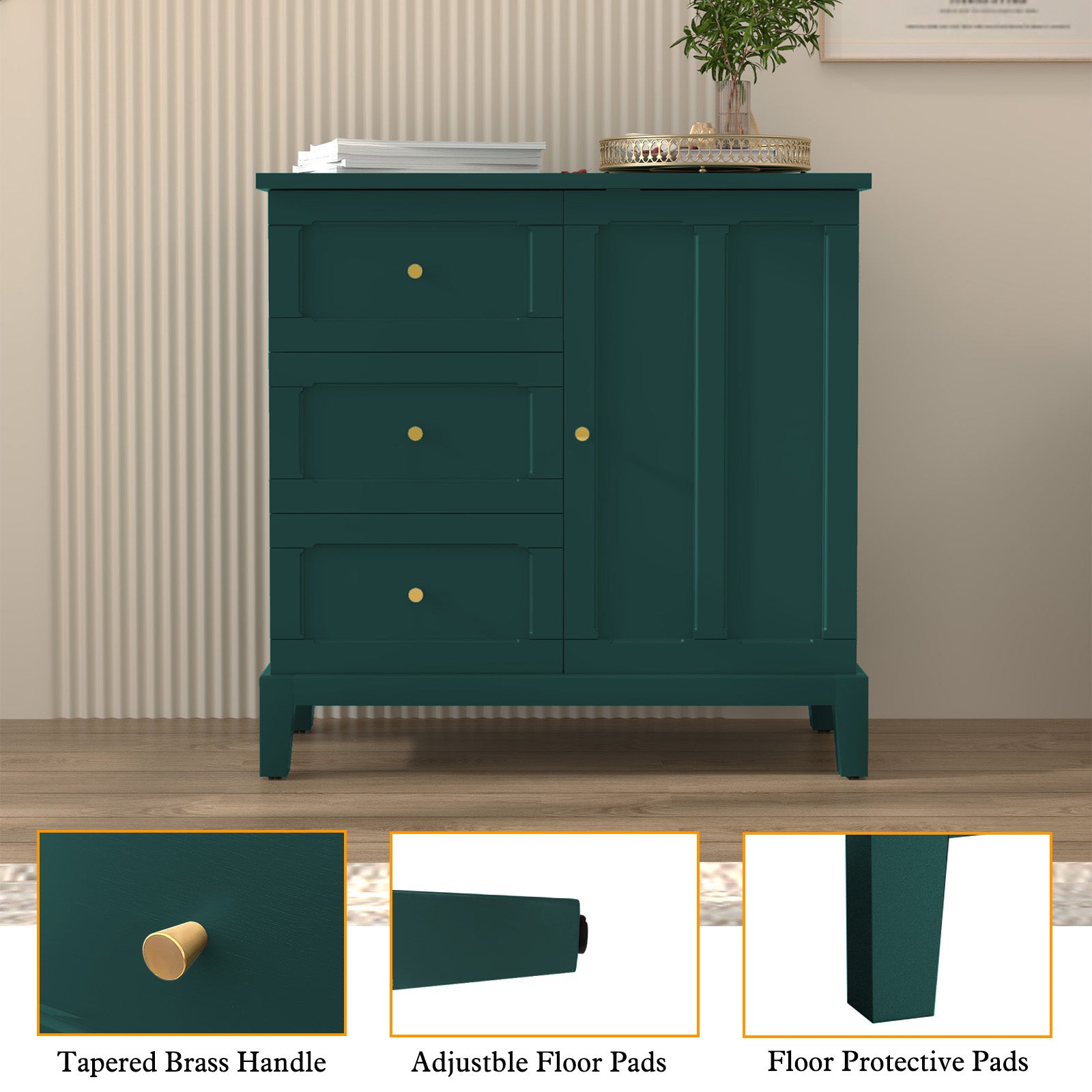 HLR Modern 32" Accent Cabinet 3 Drawers & Door, Wood Sideboard with Storage for Living Room, Green