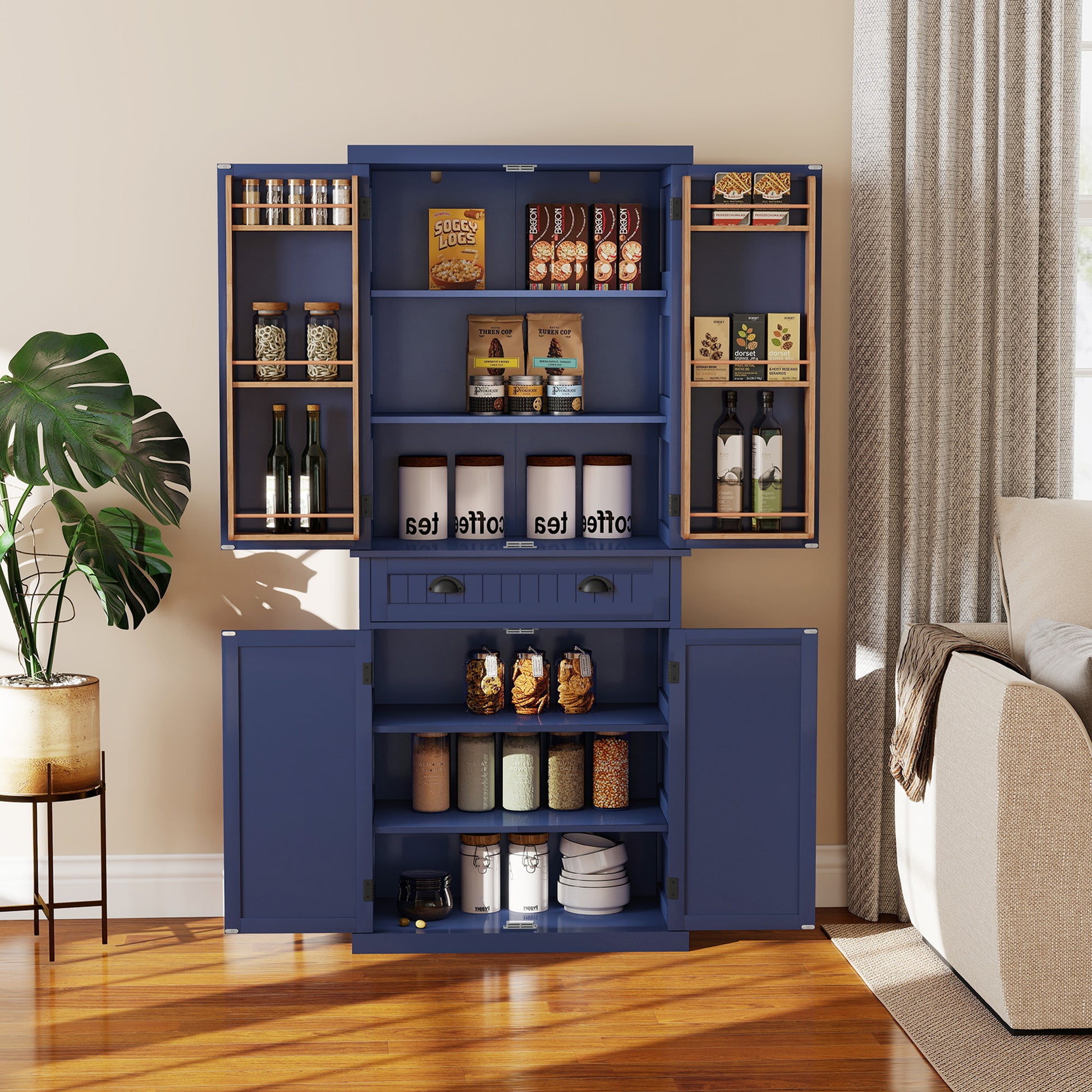 CBJCBJ 72" Wood Pantry Cabinet, 4 Adjustable Shelves and Central Drawer with Storage , Freestanding Kitchen Organizer for Dining Room,Blue