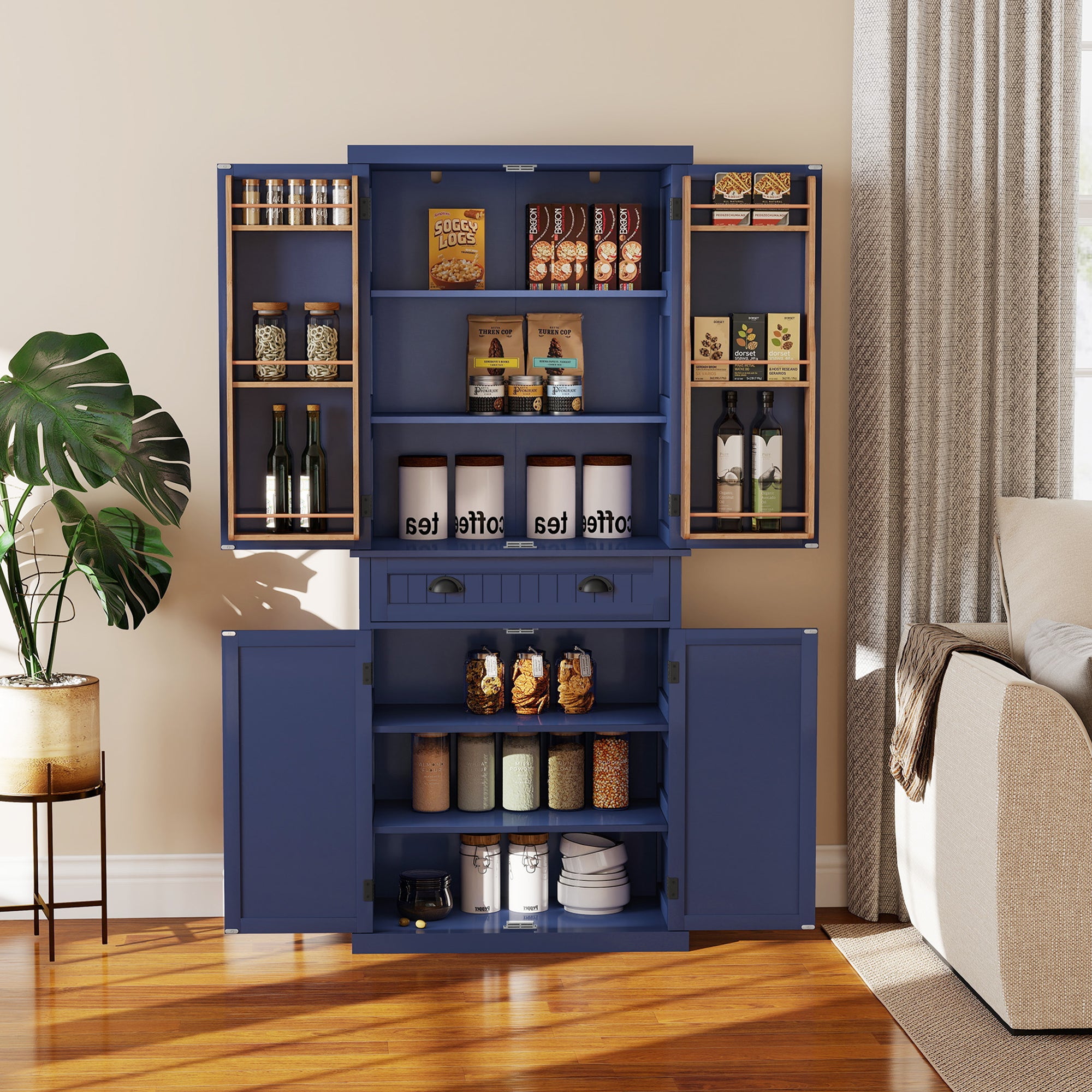CBJCBJ 72" Wood Pantry Cabinet, 4 Adjustable Shelves and Central Drawer with Storage , Freestanding Kitchen Organizer for Dining Room,Blue