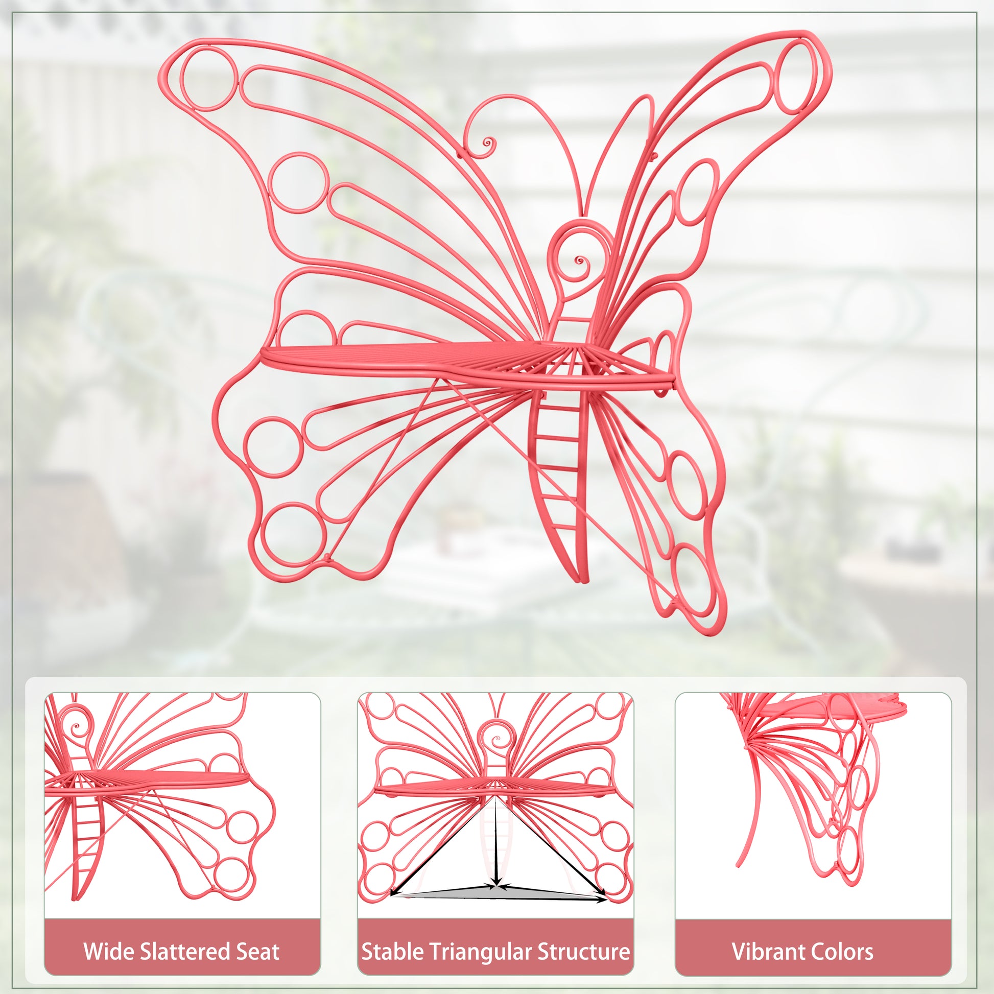 CBJCBJ 50" Weatherproof Outdoor Patio Bench，Metal Butterfly Design for Garden and Lawn Porch， Pink