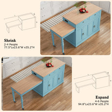 CBJCBJ Modern Extendable Kitchen Islands on Wheels with Power Outlet, Dining Table Cart with 4 Doors Storage, Blue