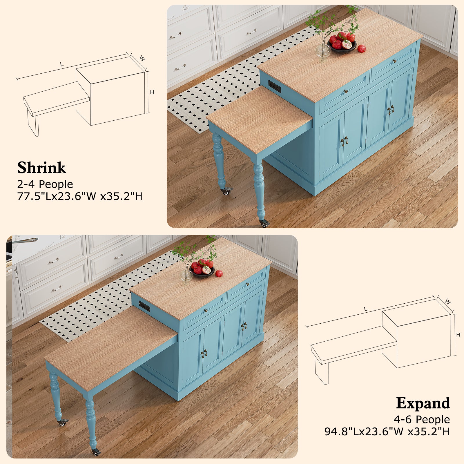 CBJCBJ Modern Extendable Kitchen Islands on Wheels with Power Outlet, Dining Table Cart with 4 Doors Storage, Blue