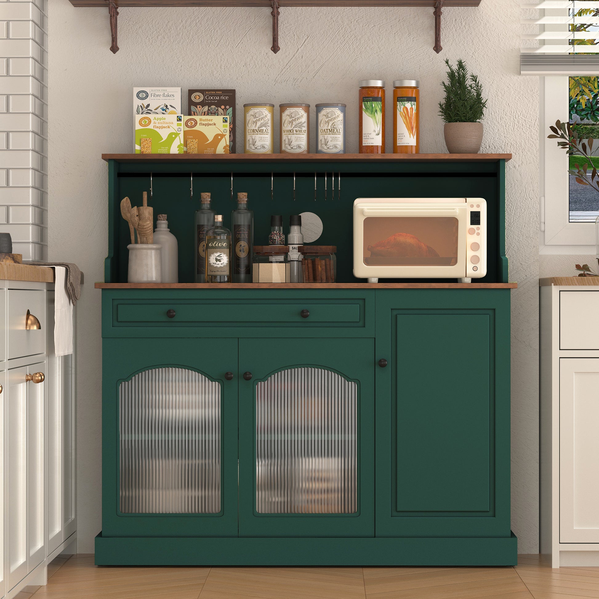 CBJCBJ 48" Modern Wood Kitchen Pantry Cabinet, Coffee Bar with Drawer & Microwave Stand, Dining Room