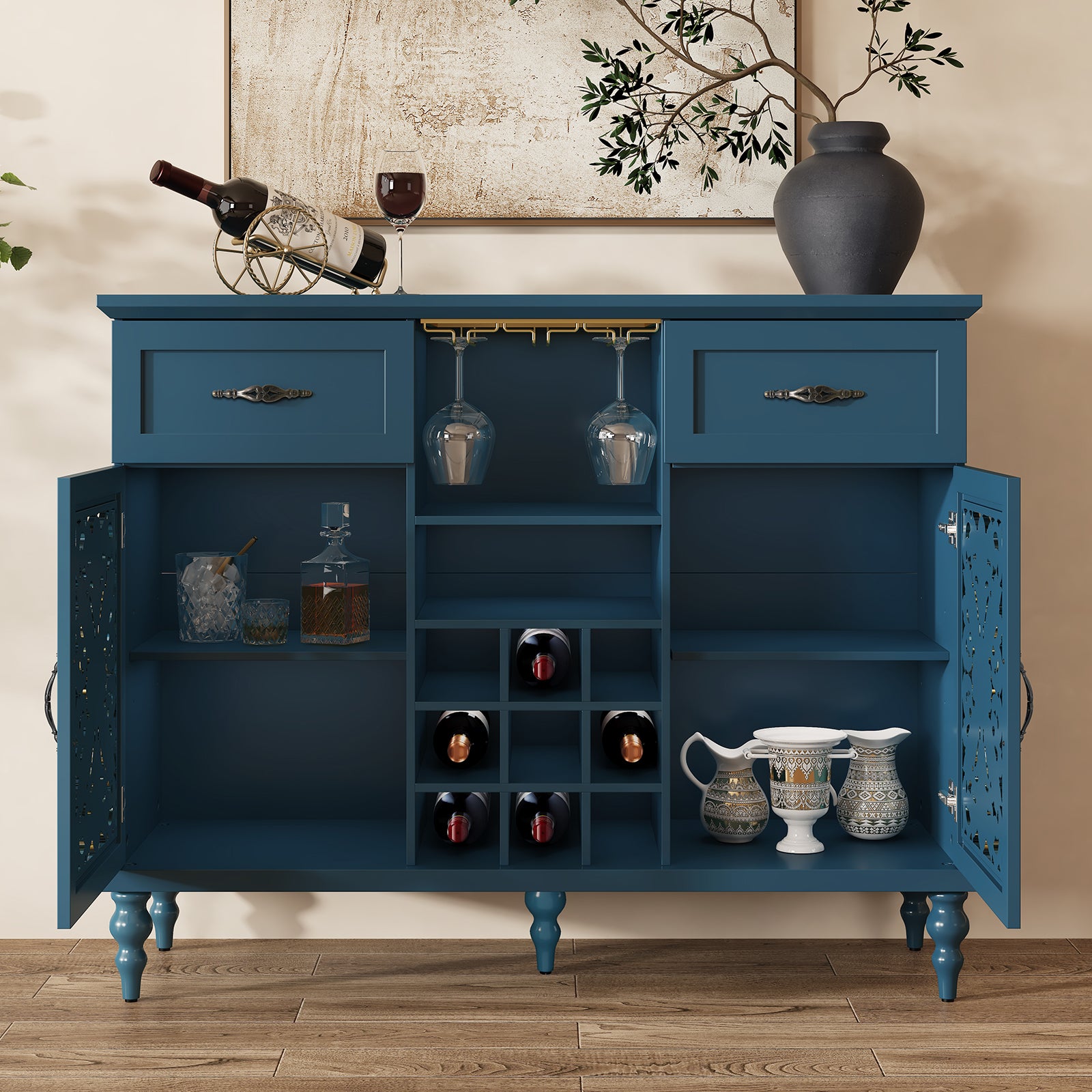 HLR 47.2" Wine Bar Cabinet, Retro Sideboard Buffet Coffee Bar with Storage for Living Room, Blue