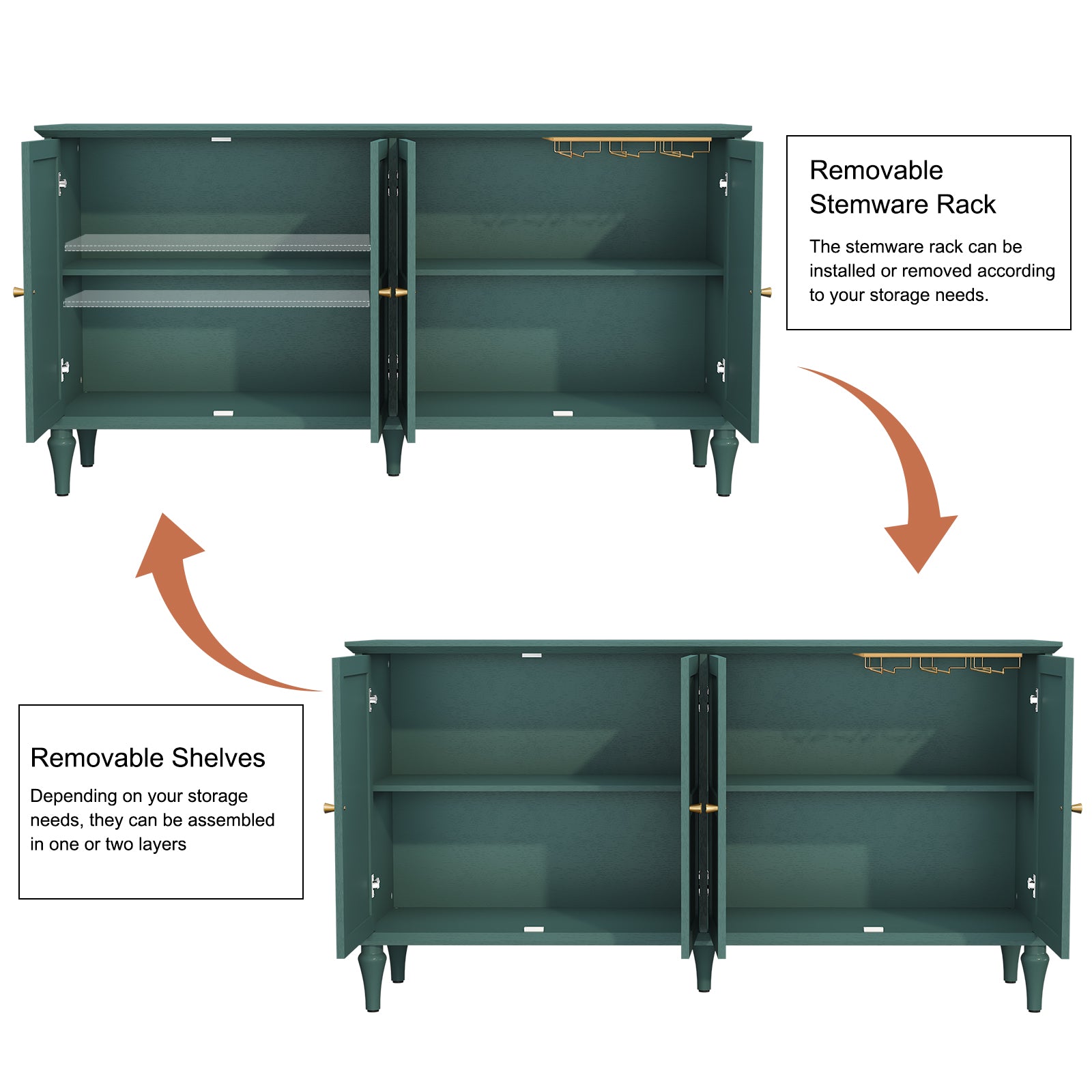 CBJCBJ Mid-Century 58" 4-Door Wood Sideboard Buffet Cabinet with Adjustable partition ，for Dining Room，Green